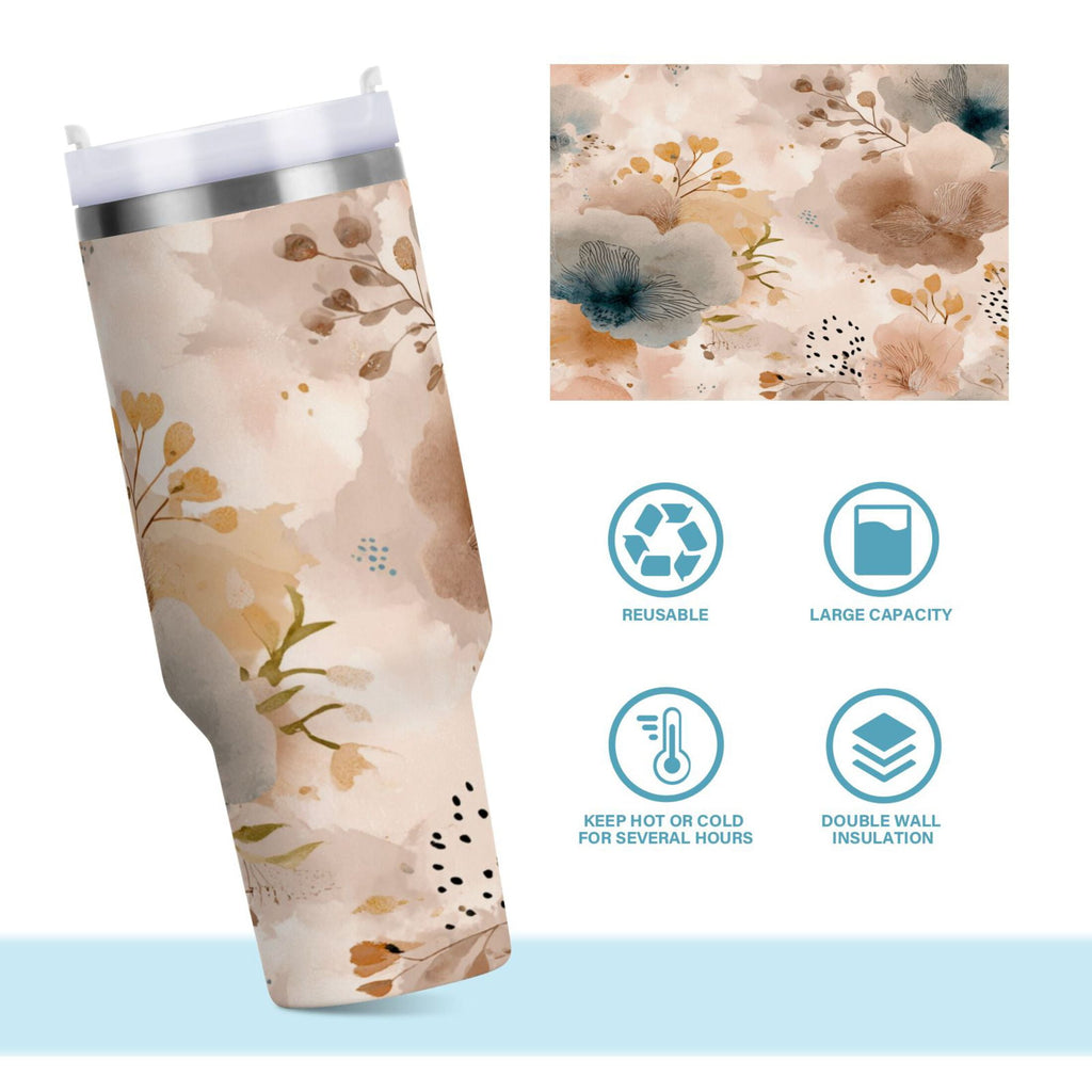 30 oz Insulated Stainless Steel Tumbler Double Wall Stainless Steel Tumbler with 2-Way Drinking Hazy Ethereal Flowers