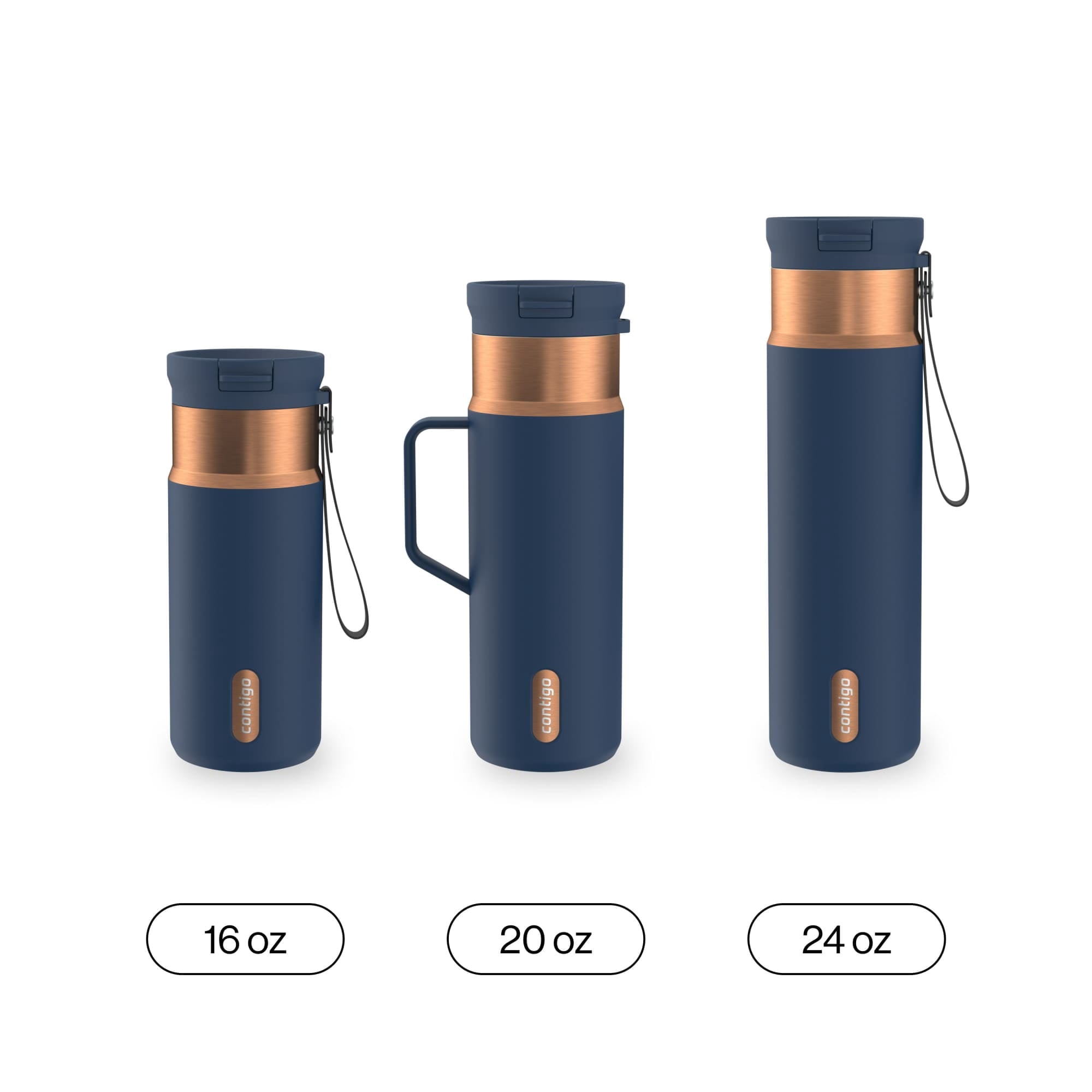 Contigo SnapSeal Leakproof Stainless Steel Reusable Water Bottle Tumbler with Side Handle, Dark Blue/Bronze, 20 oz