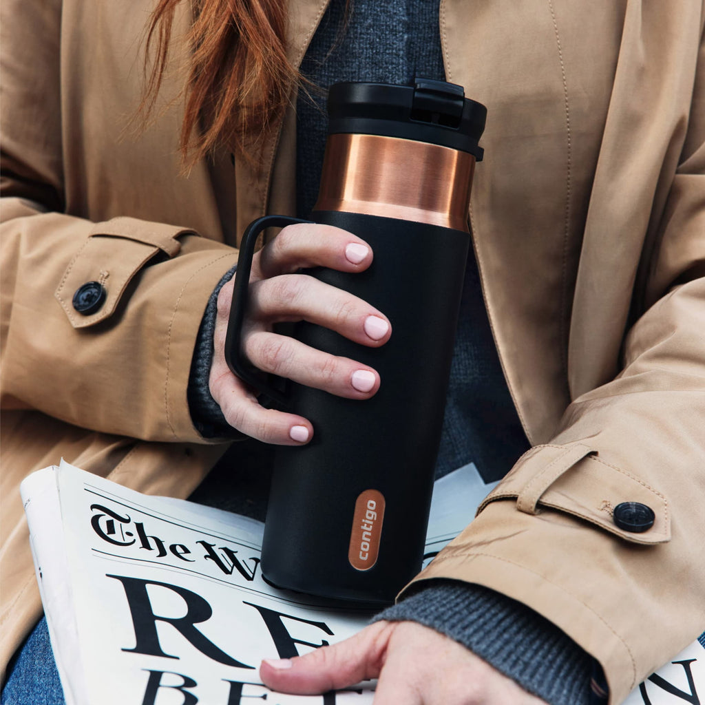 Contigo SnapSeal Leakproof Stainless Steel Reusable Water Bottle Tumbler with Side Handle, Dark Blue/Bronze, 20 oz