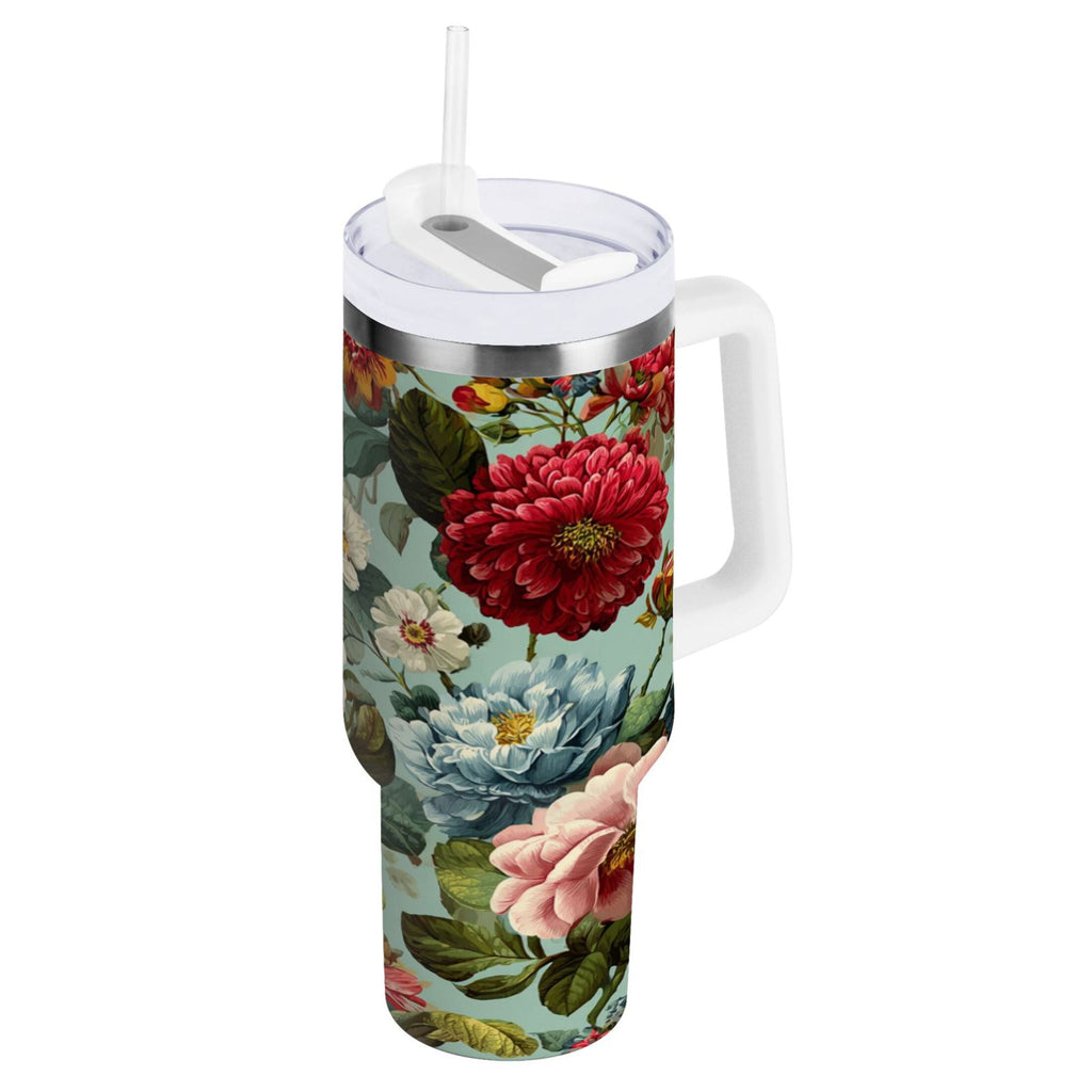 40 oz Insulated Stainless Steel Tumbler Double Wall Stainless Steel Tumbler with 2-Way Drinking Floral Pattern with Roses