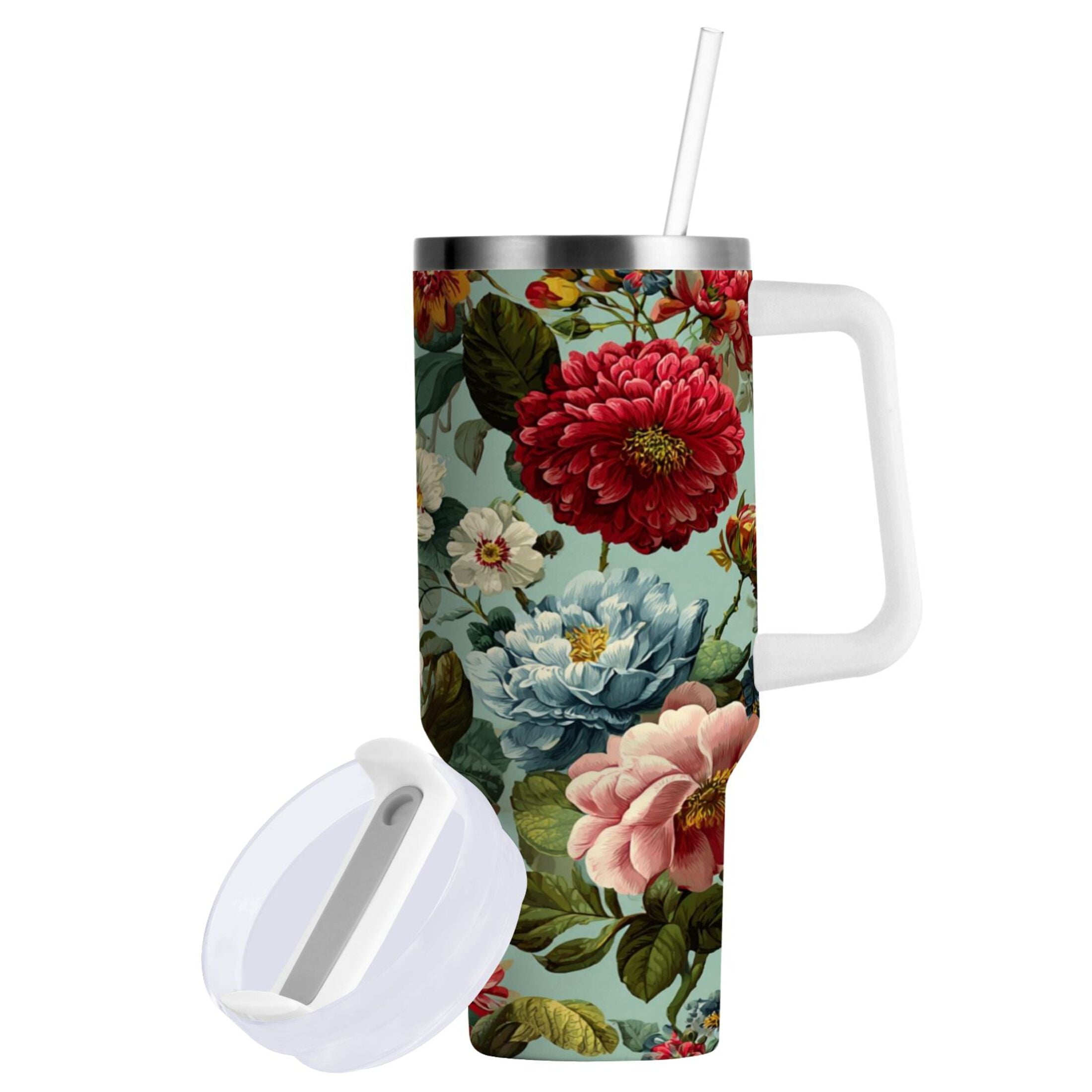 40 oz Insulated Stainless Steel Tumbler Double Wall Stainless Steel Tumbler with 2-Way Drinking Floral Pattern with Roses