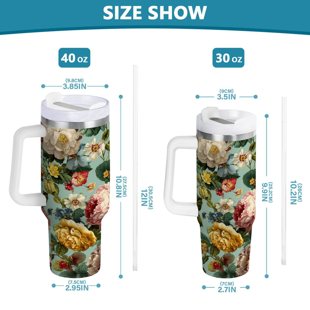 40 oz Insulated Stainless Steel Tumbler Double Wall Stainless Steel Tumbler with 2-Way Drinking Floral Pattern with Roses