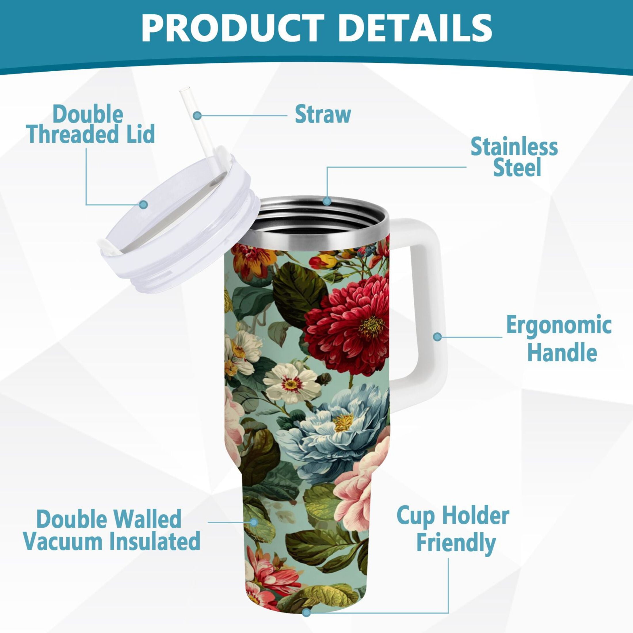 40 oz Insulated Stainless Steel Tumbler Double Wall Stainless Steel Tumbler with 2-Way Drinking Floral Pattern with Roses