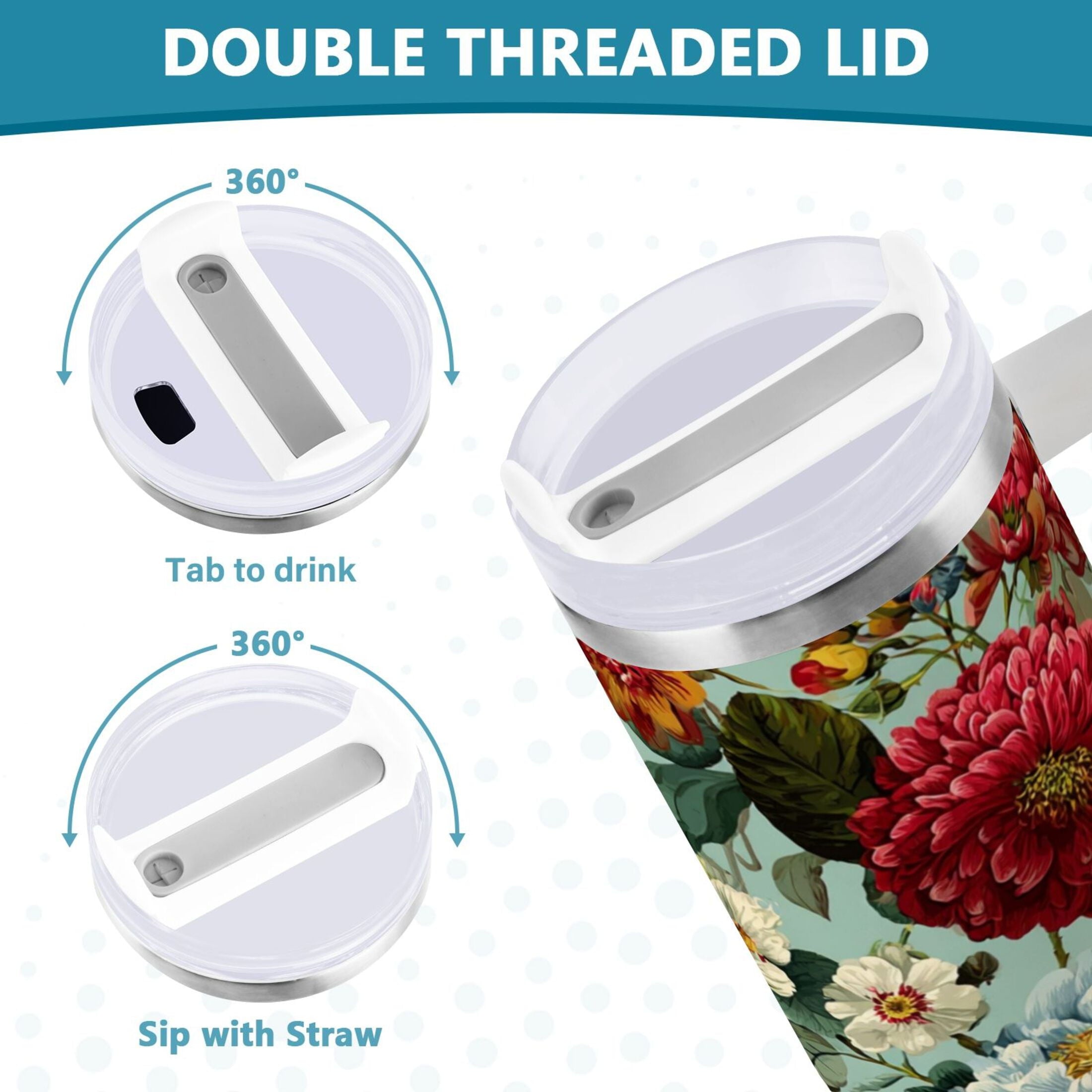 40 oz Insulated Stainless Steel Tumbler Double Wall Stainless Steel Tumbler with 2-Way Drinking Floral Pattern with Roses