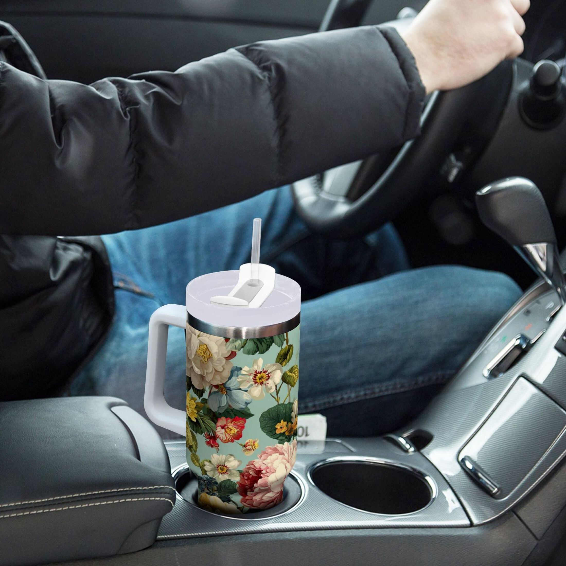 40 oz Insulated Stainless Steel Tumbler Double Wall Stainless Steel Tumbler with 2-Way Drinking Floral Pattern with Roses