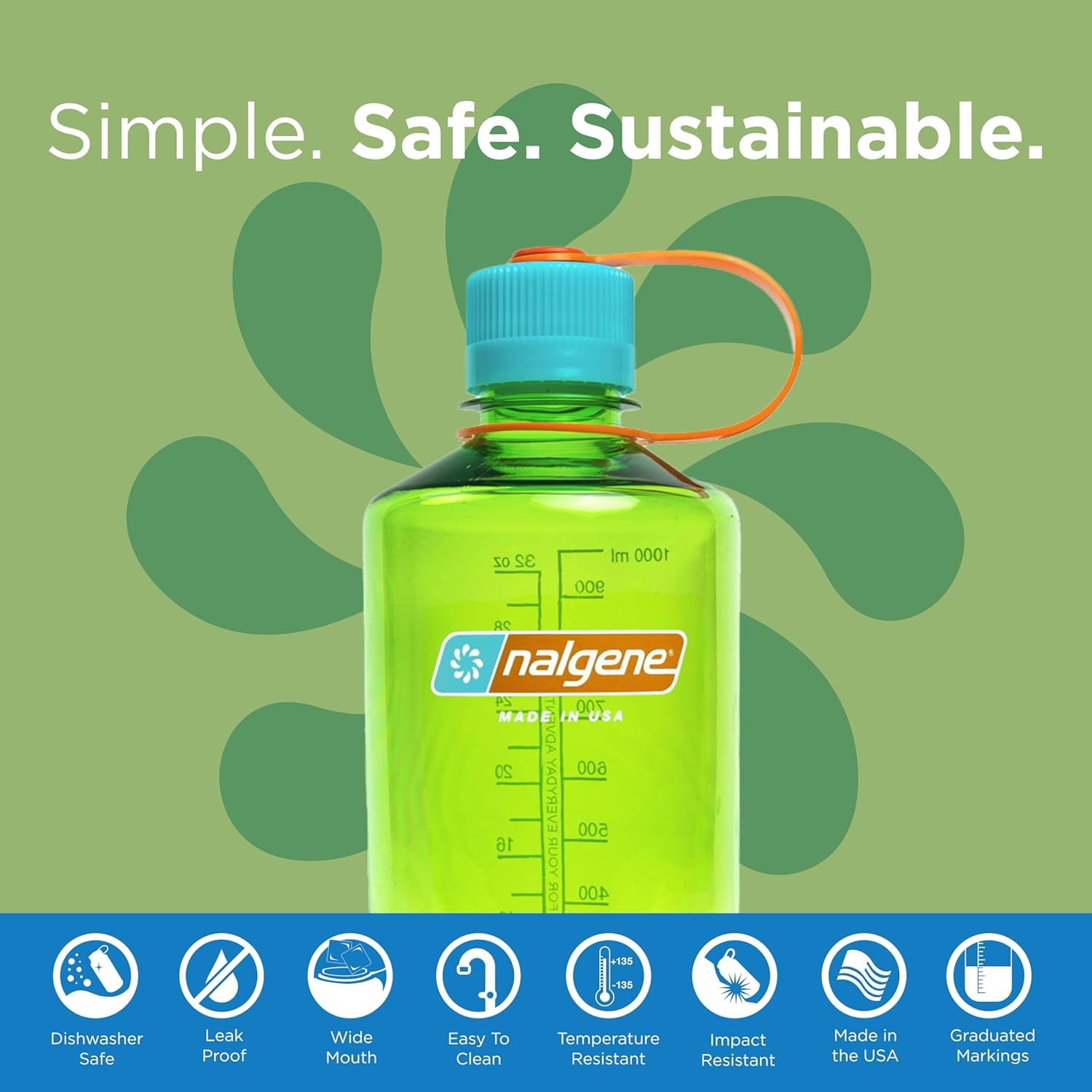Nalgene Sustain Tritan BPA-Free Water Bottle Made with Material Derived from 50% Plastic Waste, 32 OZ, Narrow Mouth, Pear