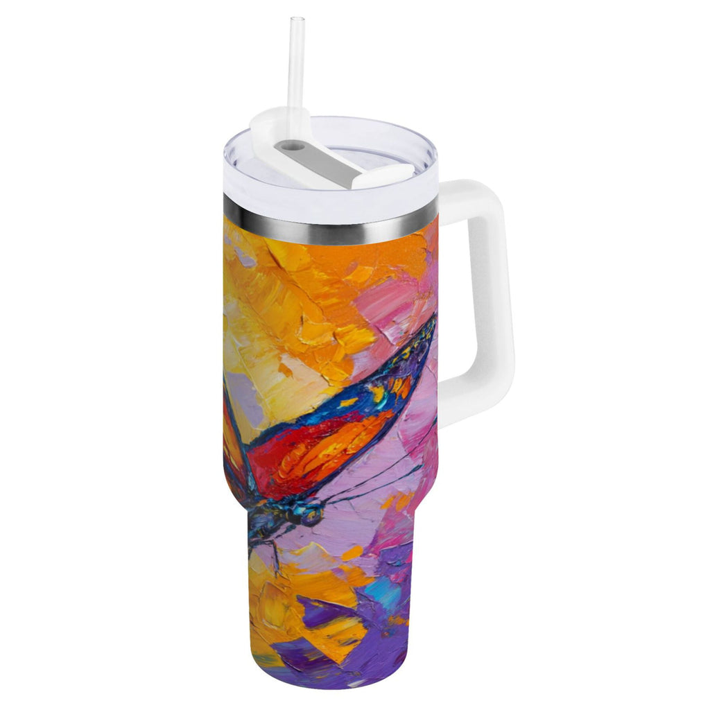 30 oz Insulated Stainless Steel Tumbler Double Wall Stainless Steel Tumbler with 2-Way Drinking Colorful Butterfly Flying