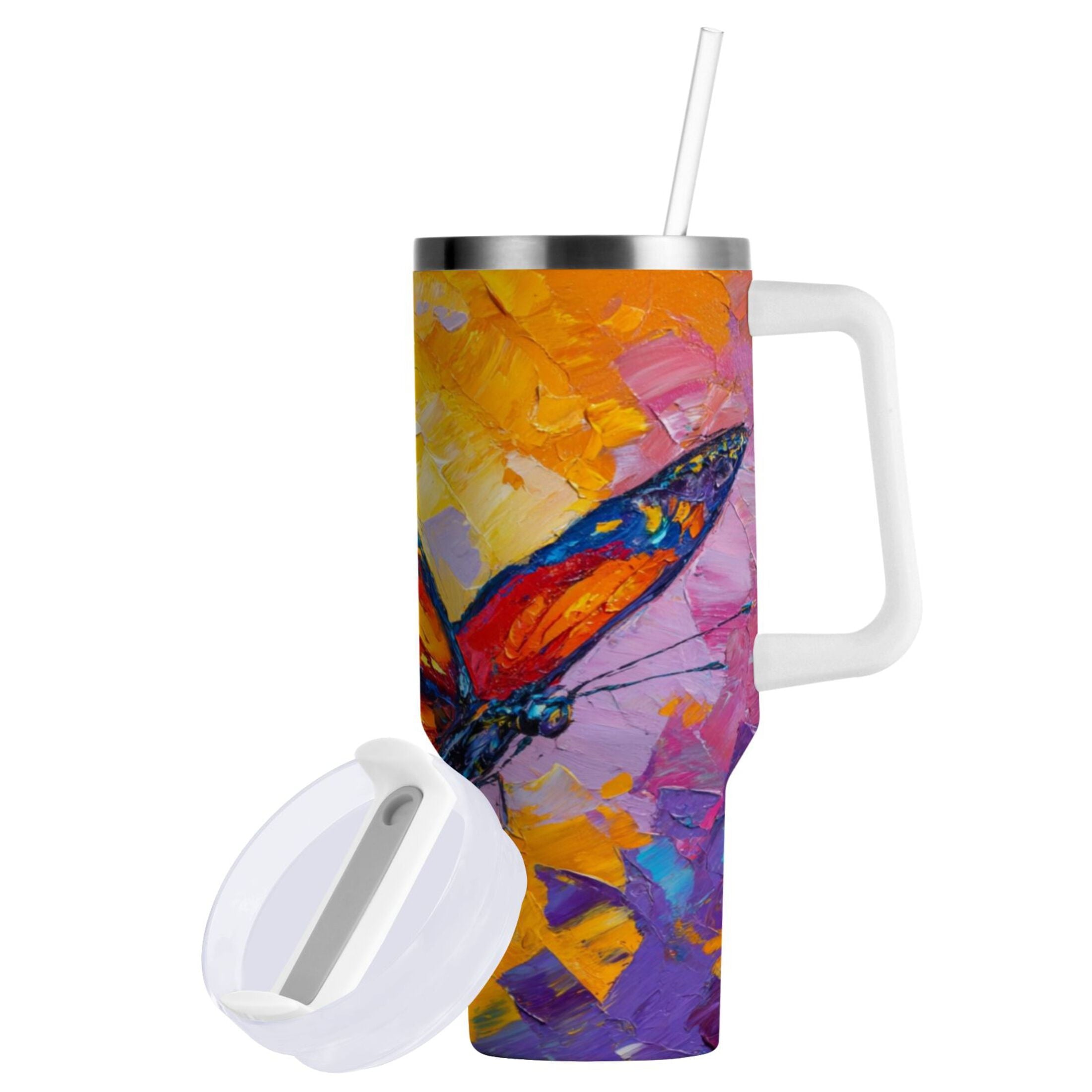 30 oz Insulated Stainless Steel Tumbler Double Wall Stainless Steel Tumbler with 2-Way Drinking Colorful Butterfly Flying