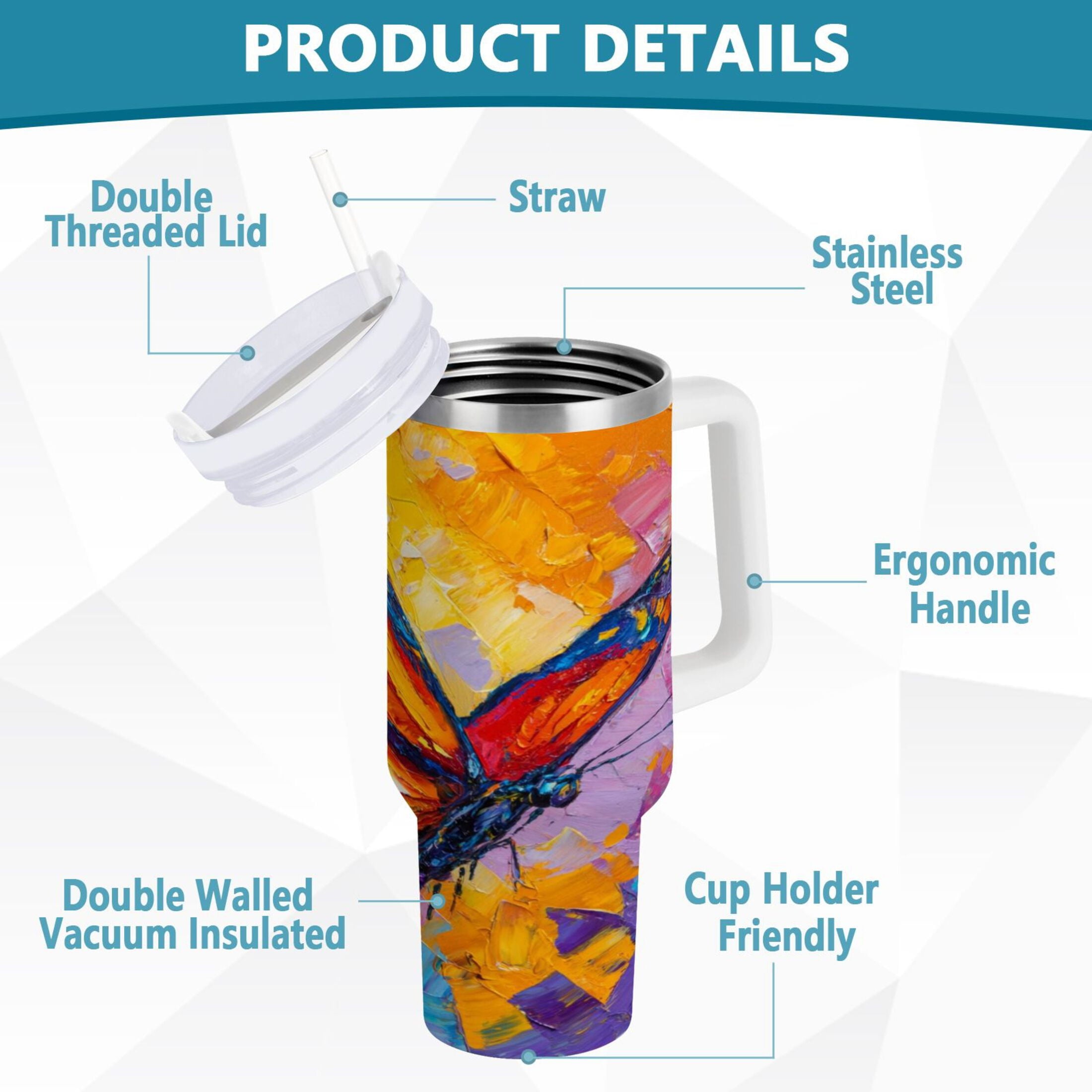 30 oz Insulated Stainless Steel Tumbler Double Wall Stainless Steel Tumbler with 2-Way Drinking Colorful Butterfly Flying