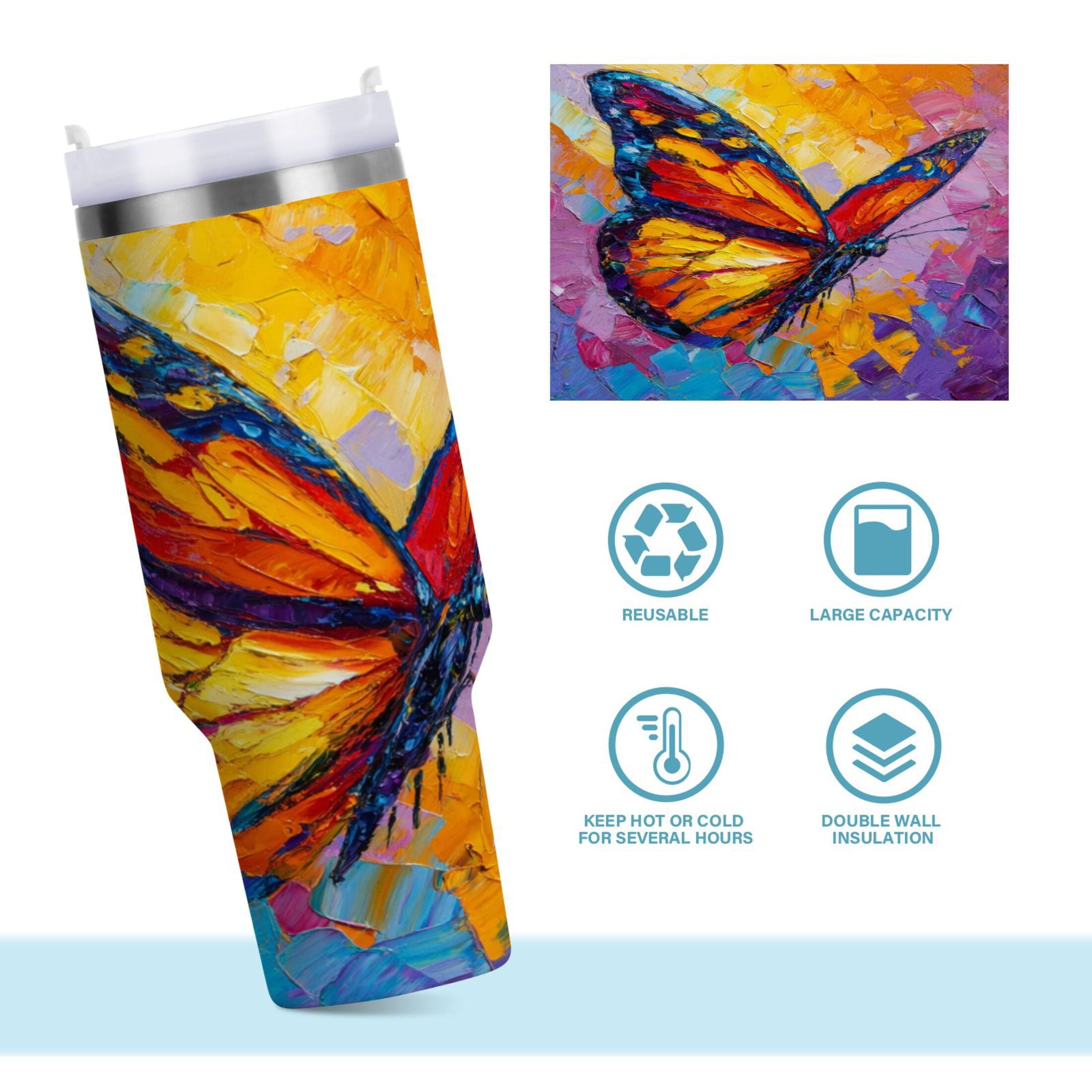 30 oz Insulated Stainless Steel Tumbler Double Wall Stainless Steel Tumbler with 2-Way Drinking Colorful Butterfly Flying