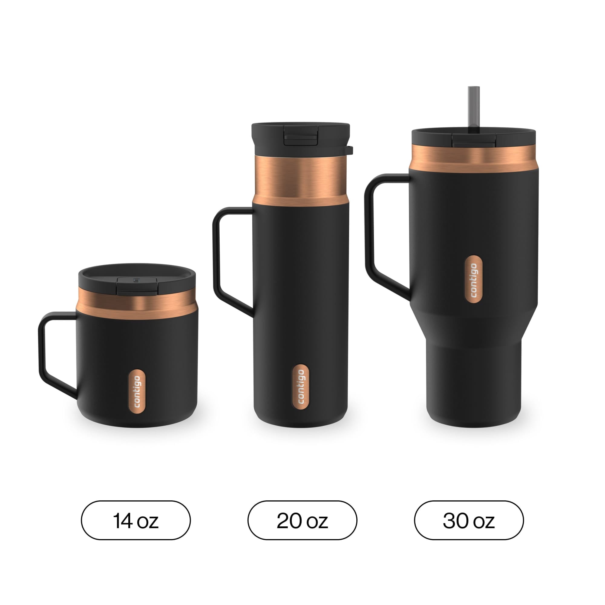 Contigo SnapSeal Leakproof Stainless Steel Reusable Water Bottle Tumbler with Side Handle, Black/Bronze, 30 oz