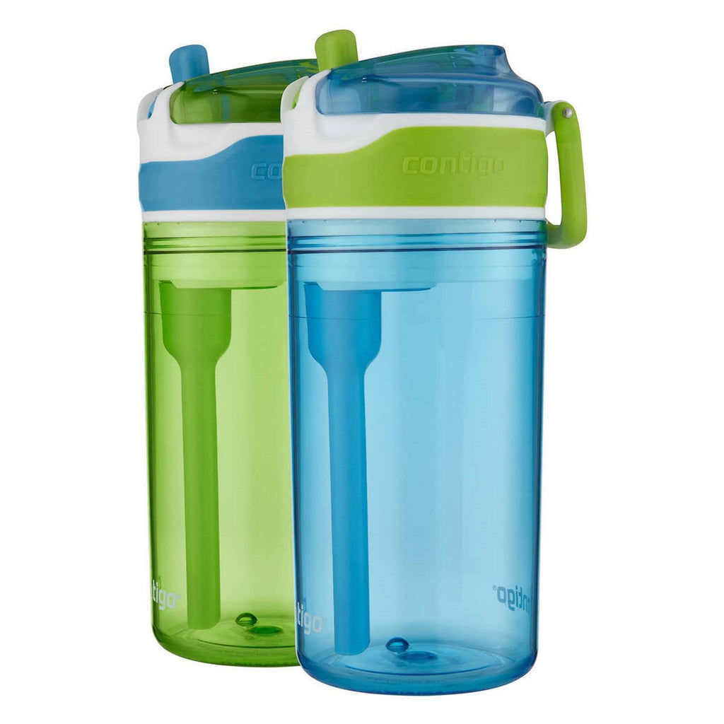 Contigo Kids 2-in-1 Snack Hero Tumbler Featuring 4oz Snack Holder Stacked on Top of 13oz Water Bottle - BPA Free, Durable Tritan w/Flexible Carry Handle &amp; Spill-Proof Valve, Green &amp; Blue – 2 Pack