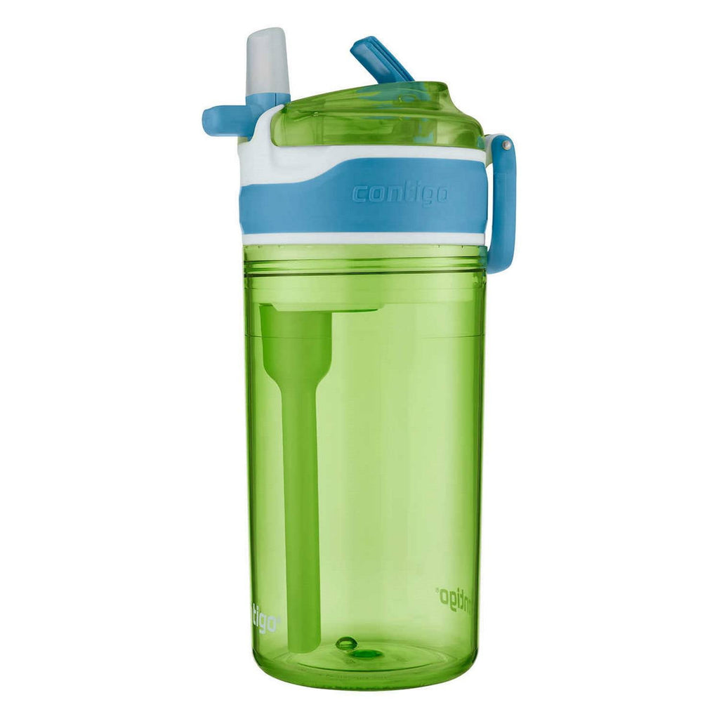 Contigo Kids 2-in-1 Snack Hero Tumbler Featuring 4oz Snack Holder Stacked on Top of 13oz Water Bottle - BPA Free, Durable Tritan w/Flexible Carry Handle &amp; Spill-Proof Valve, Green &amp; Blue – 2 Pack