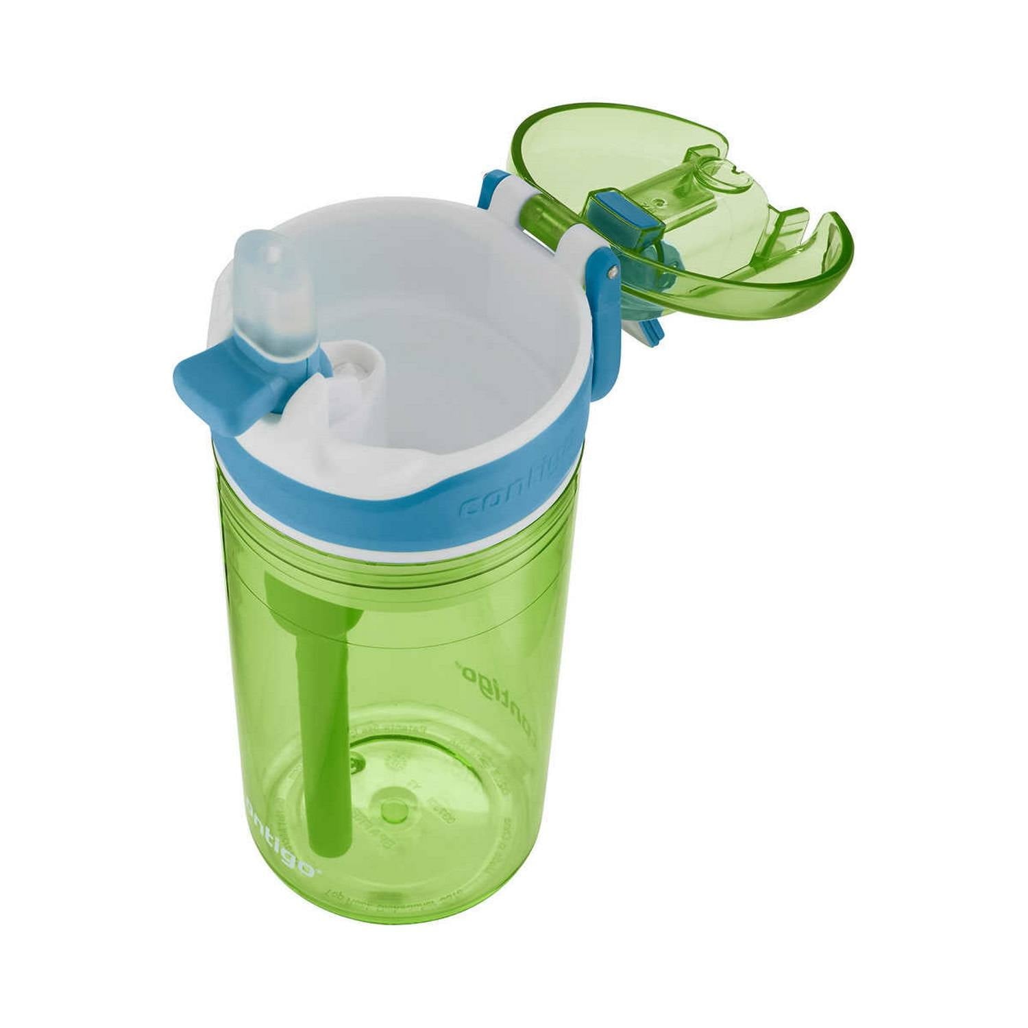 Contigo Kids 2-in-1 Snack Hero Tumbler Featuring 4oz Snack Holder Stacked on Top of 13oz Water Bottle - BPA Free, Durable Tritan w/Flexible Carry Handle &amp; Spill-Proof Valve, Green &amp; Blue – 2 Pack