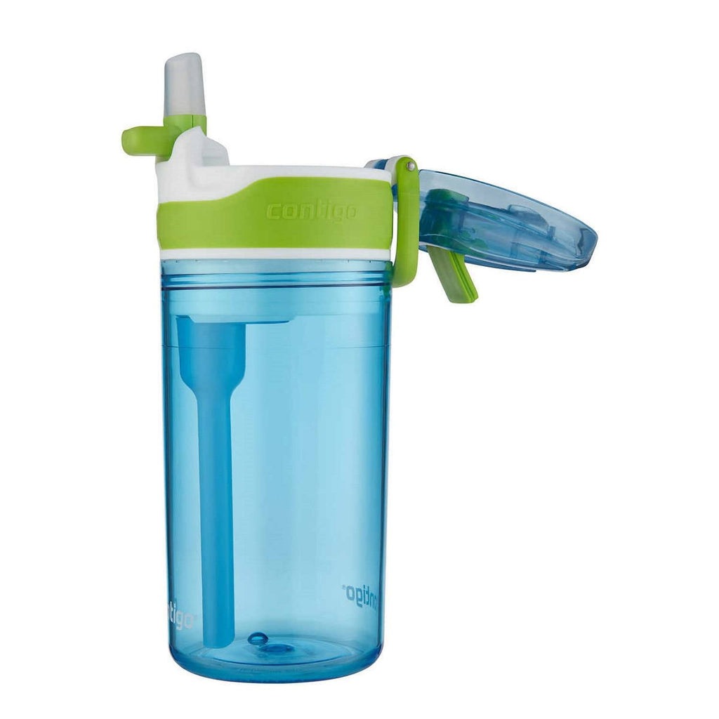 Contigo Kids 2-in-1 Snack Hero Tumbler Featuring 4oz Snack Holder Stacked on Top of 13oz Water Bottle - BPA Free, Durable Tritan w/Flexible Carry Handle &amp; Spill-Proof Valve, Green &amp; Blue – 2 Pack