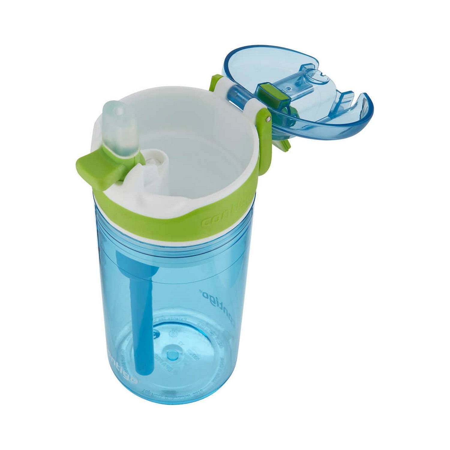 Contigo Kids 2-in-1 Snack Hero Tumbler Featuring 4oz Snack Holder Stacked on Top of 13oz Water Bottle - BPA Free, Durable Tritan w/Flexible Carry Handle &amp; Spill-Proof Valve, Green &amp; Blue – 2 Pack