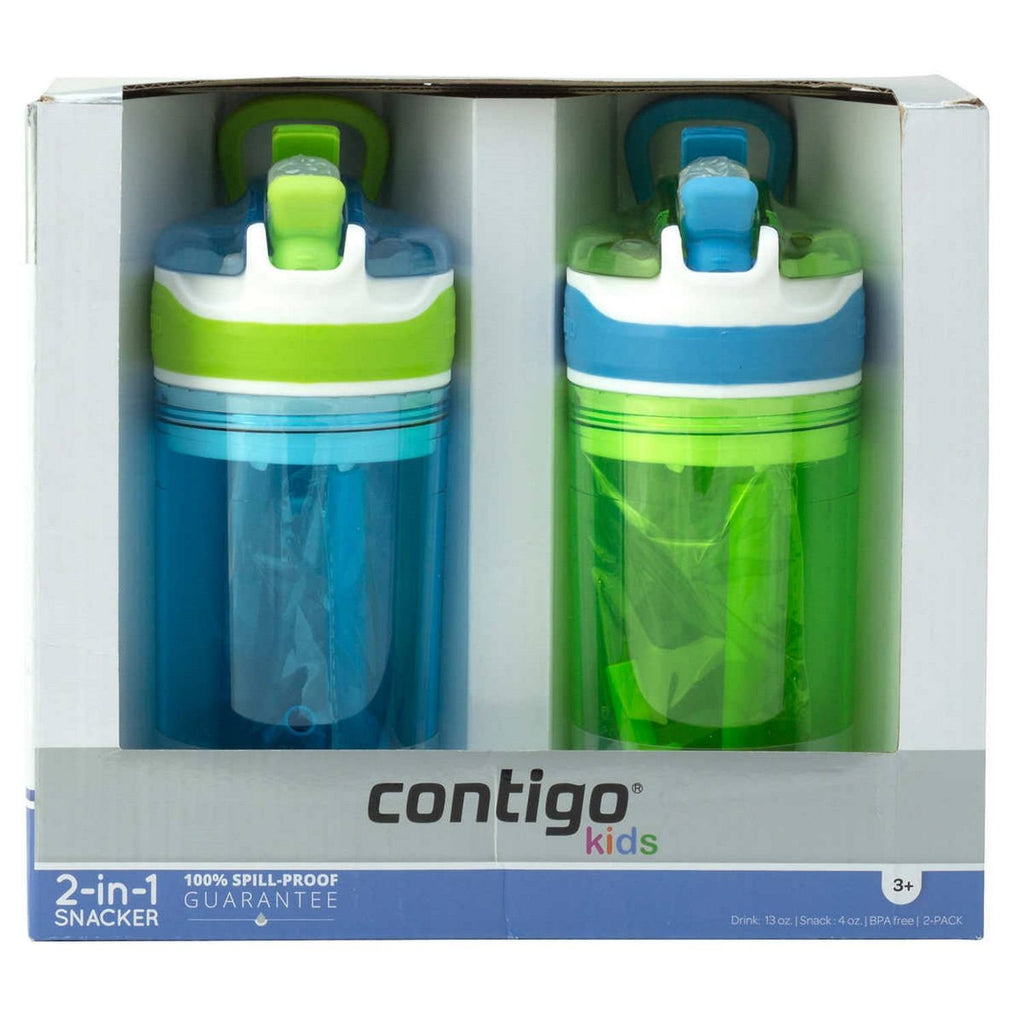 Contigo Kids 2-in-1 Snack Hero Tumbler Featuring 4oz Snack Holder Stacked on Top of 13oz Water Bottle - BPA Free, Durable Tritan w/Flexible Carry Handle &amp; Spill-Proof Valve, Green &amp; Blue – 2 Pack