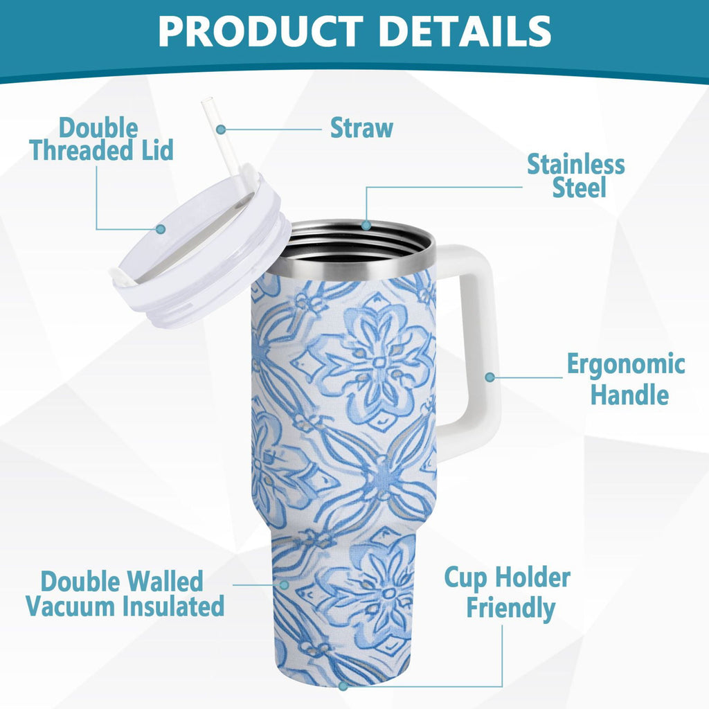 30 oz Insulated Stainless Steel Tumbler Double Wall Stainless Steel Tumbler with 2-Way Drinking Blue Elegant Geometric Design
