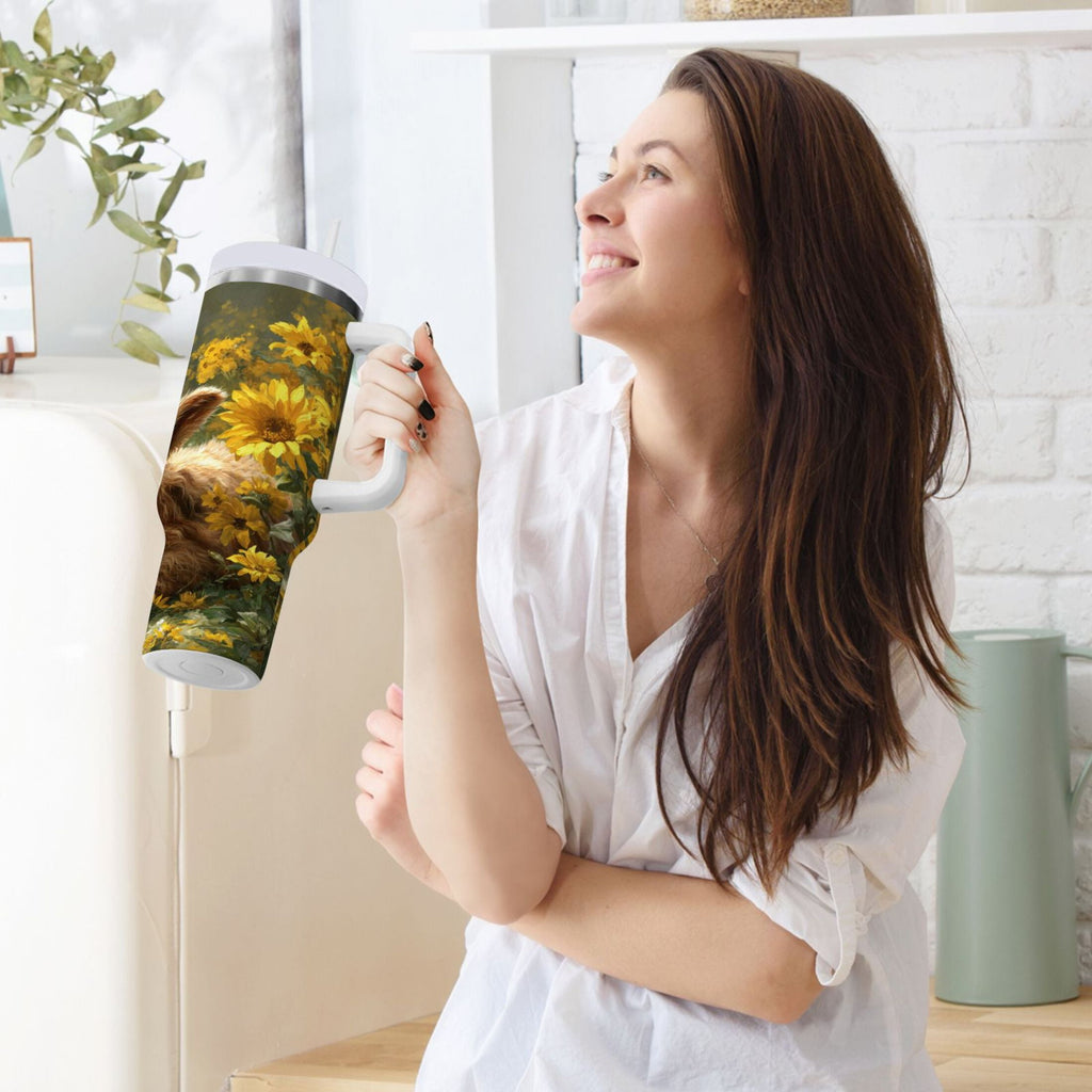 40 oz Insulated Stainless Steel Tumbler Double Wall Stainless Steel Tumbler with 2-Way Drinking Cow Lying in Sunflowers