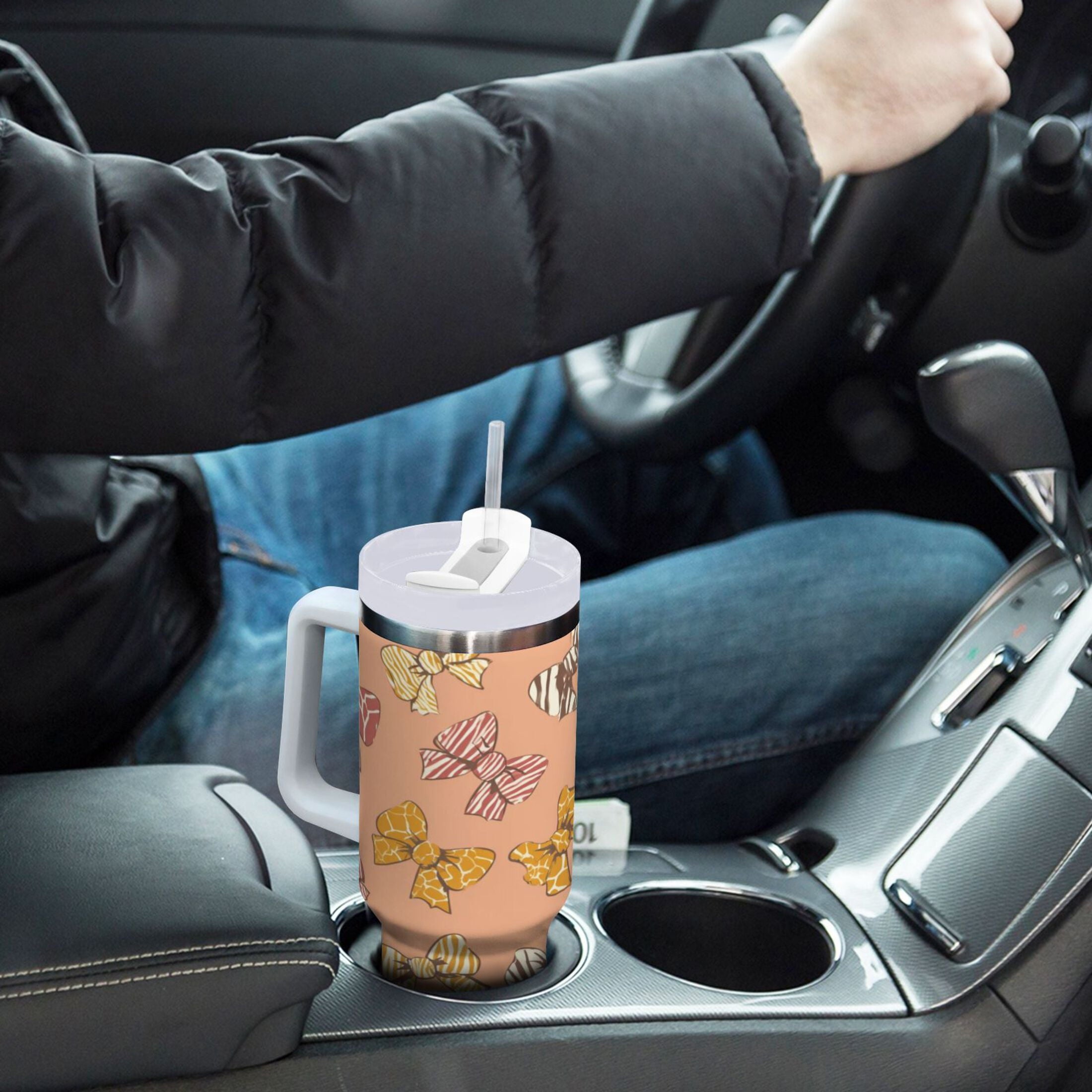 40 oz Insulated Stainless Steel Tumbler Double Wall Stainless Steel Tumbler with 2-Way Drinking Cute Animal Print Bows