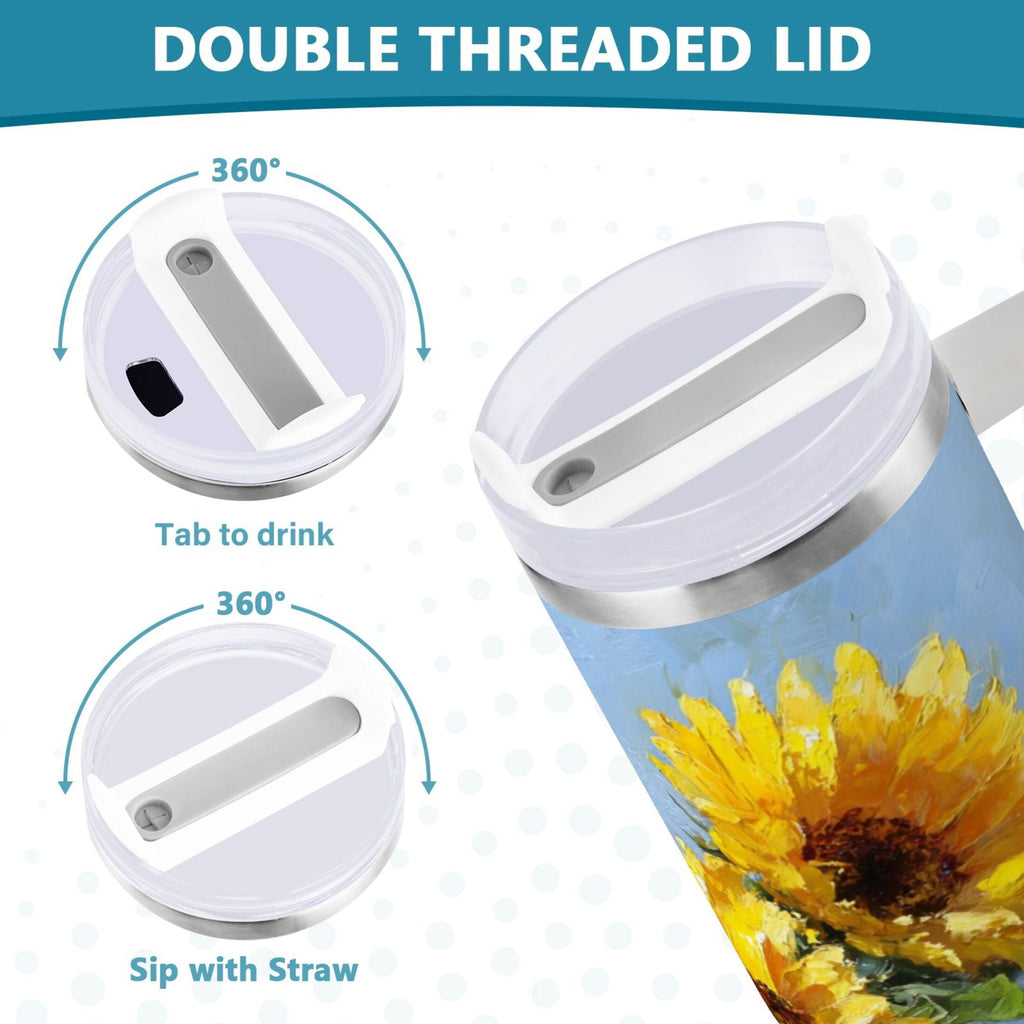 40 oz Insulated Stainless Steel Tumbler Double Wall Stainless Steel Tumbler with 2-Way Drinking Sunflowers Painting