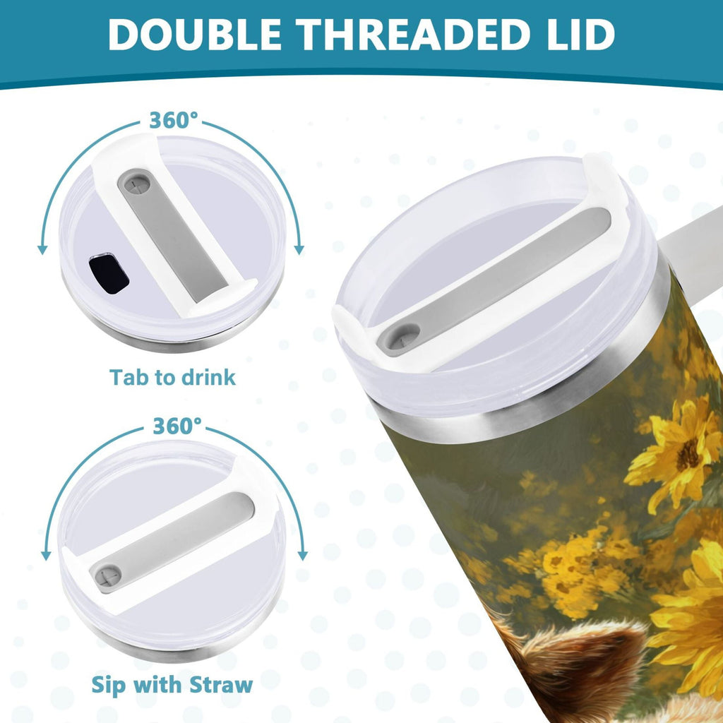 40 oz Insulated Stainless Steel Tumbler Double Wall Stainless Steel Tumbler with 2-Way Drinking Cow Lying in Sunflowers