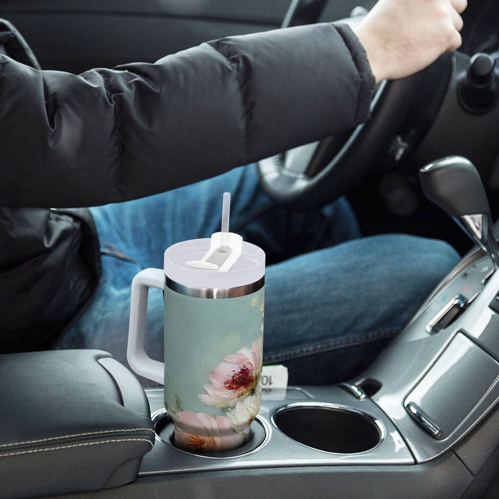 40 oz Insulated Stainless Steel Tumbler Double Wall Stainless Steel Tumbler with 2-Way Drinking Vintage Peonies and Daisies