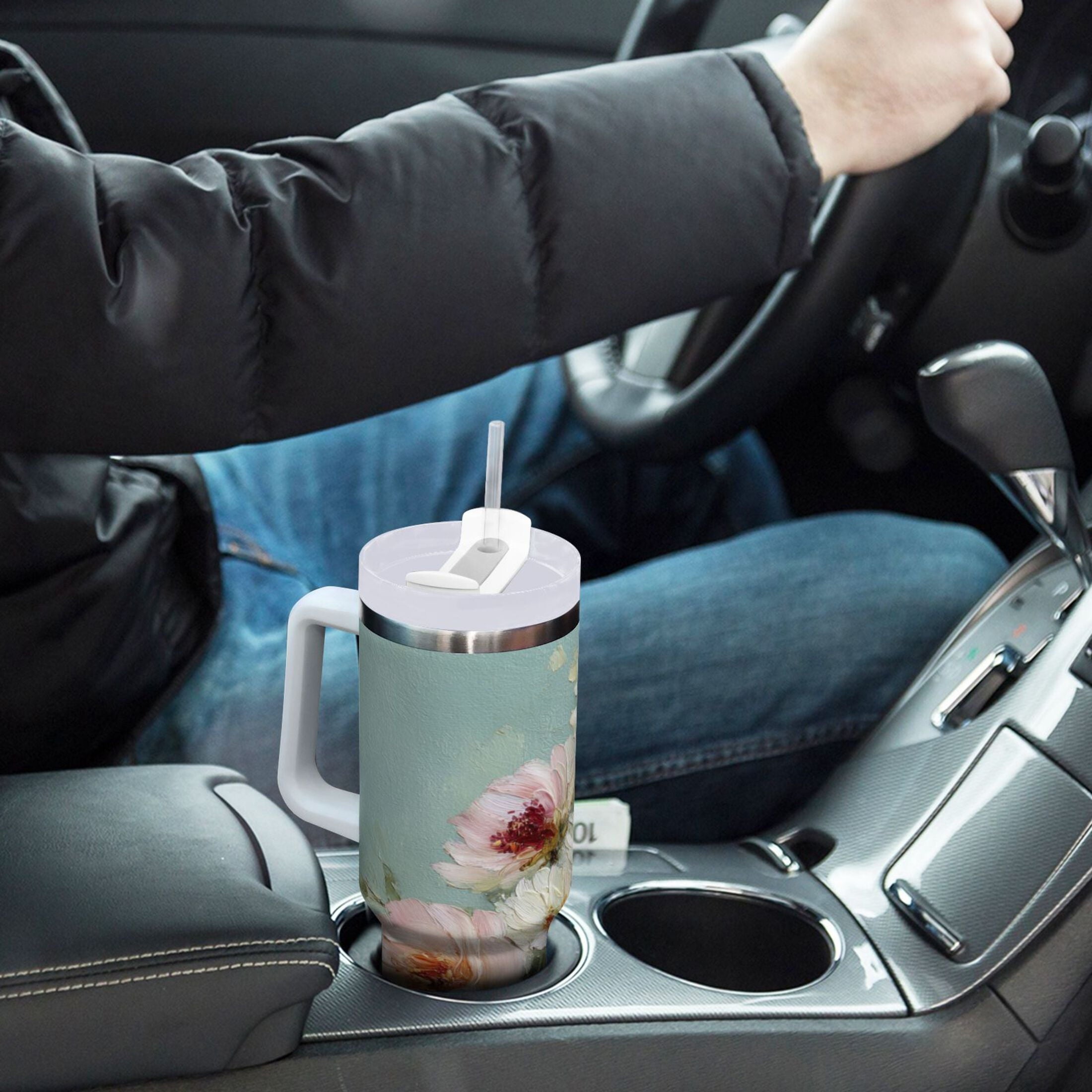 40 oz Insulated Stainless Steel Tumbler Double Wall Stainless Steel Tumbler with 2-Way Drinking Vintage Peonies and Daisies