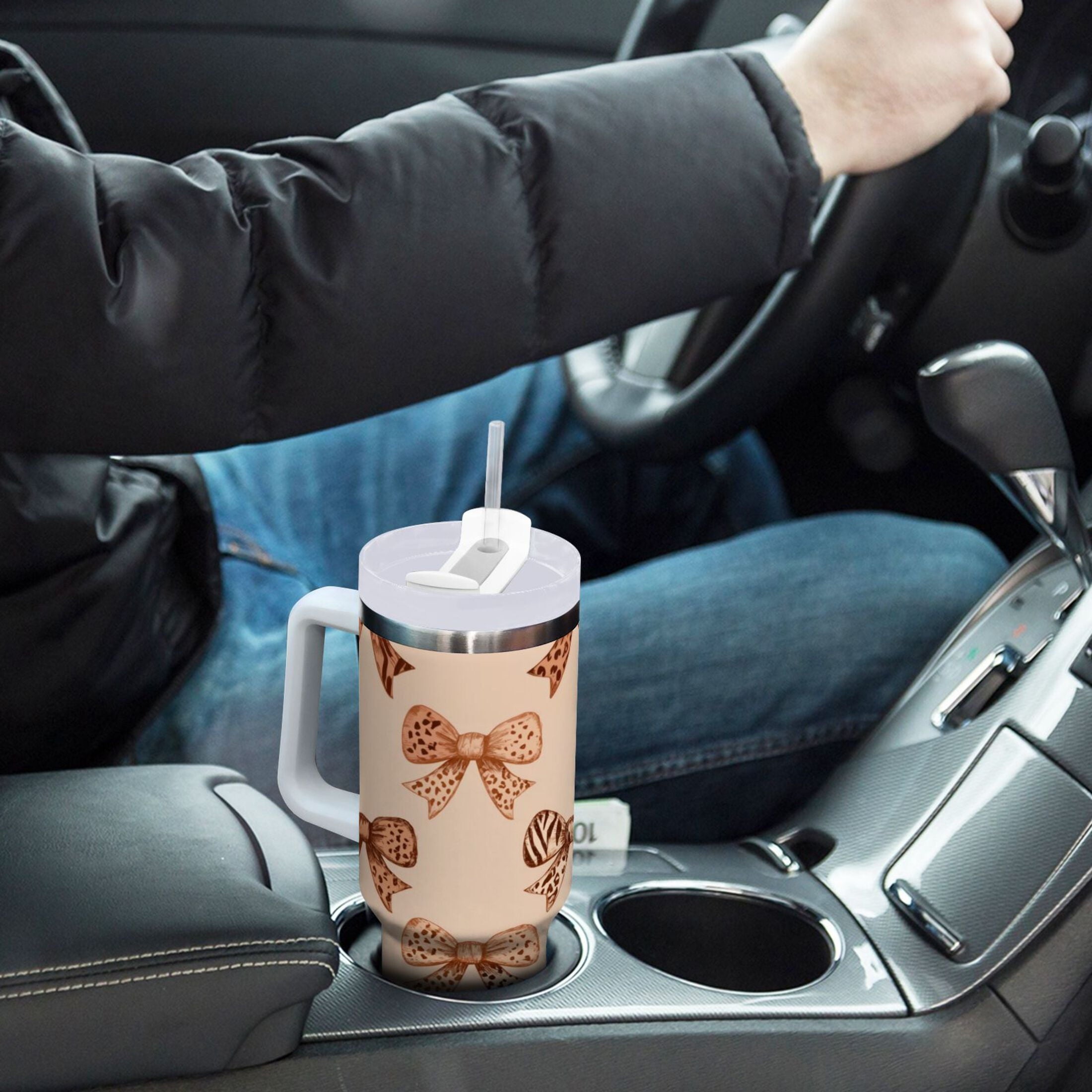 40 oz Insulated Stainless Steel Tumbler Double Wall Stainless Steel Tumbler with 2-Way Drinking Leopard Print Bow