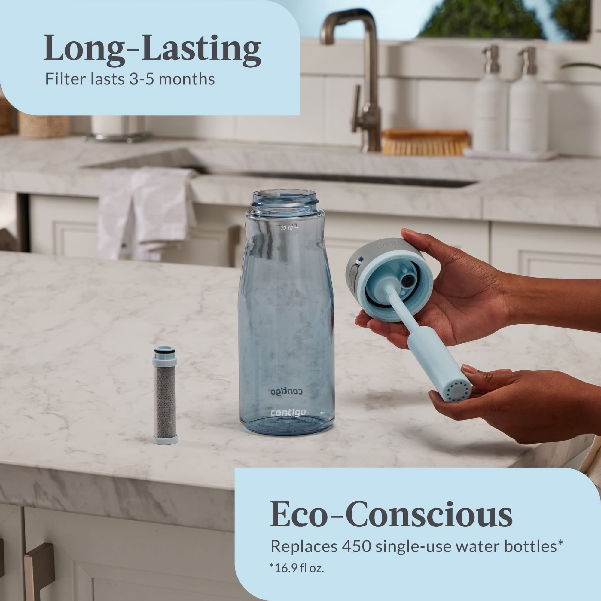 Contigo Wells Plastic Filter Water Bottle with AUTOSPOUT Straw Lid, 32 oz., Dark Ice
