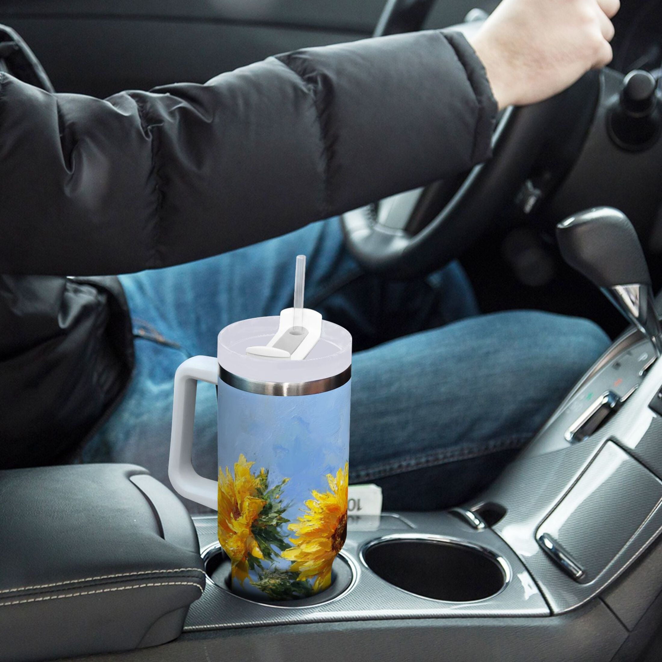 40 oz Insulated Stainless Steel Tumbler Double Wall Stainless Steel Tumbler with 2-Way Drinking Sunflowers Painting