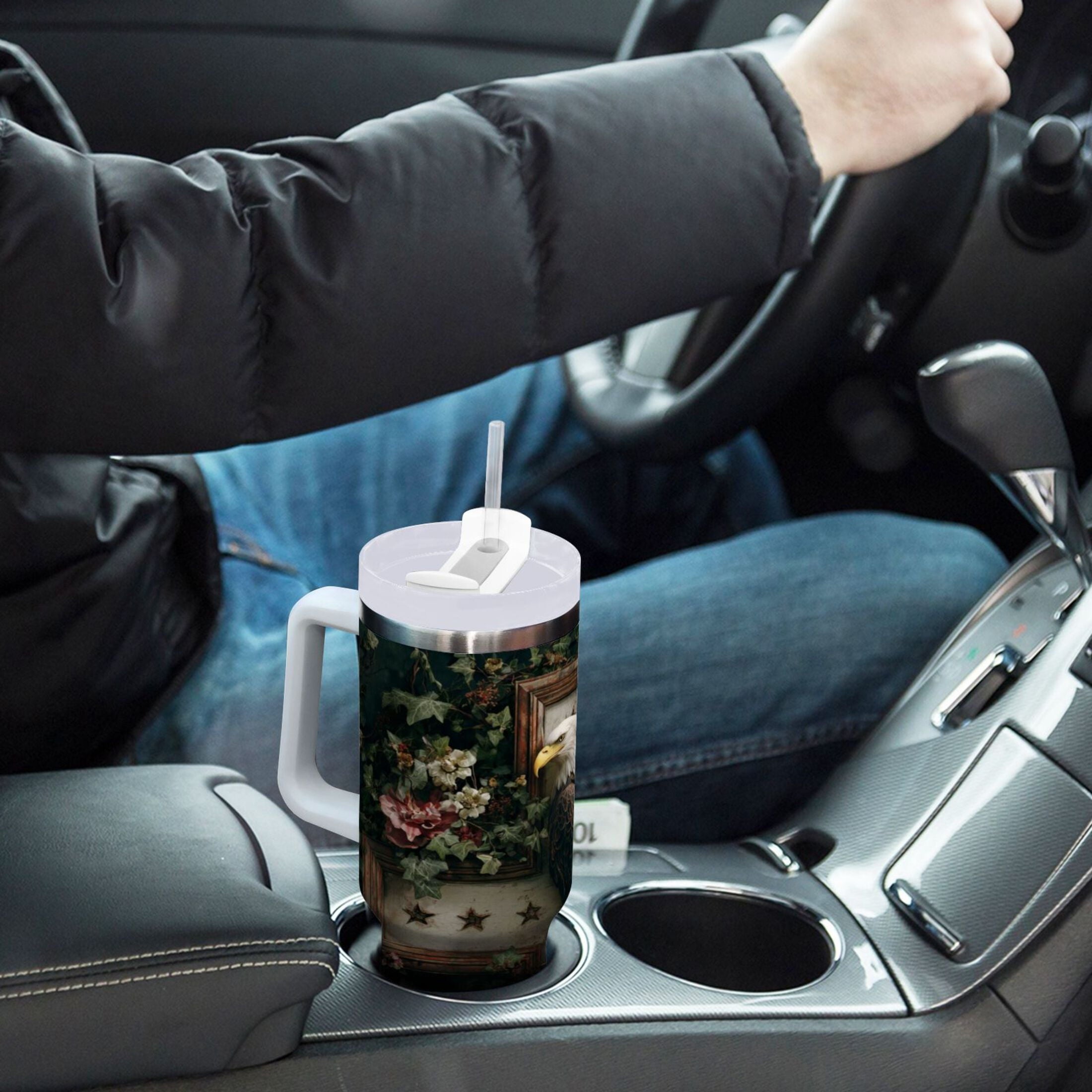 30 oz Insulated Stainless Steel Tumbler Double Wall Stainless Steel Tumbler with 2-Way Drinking Wreath and Bald Eagle