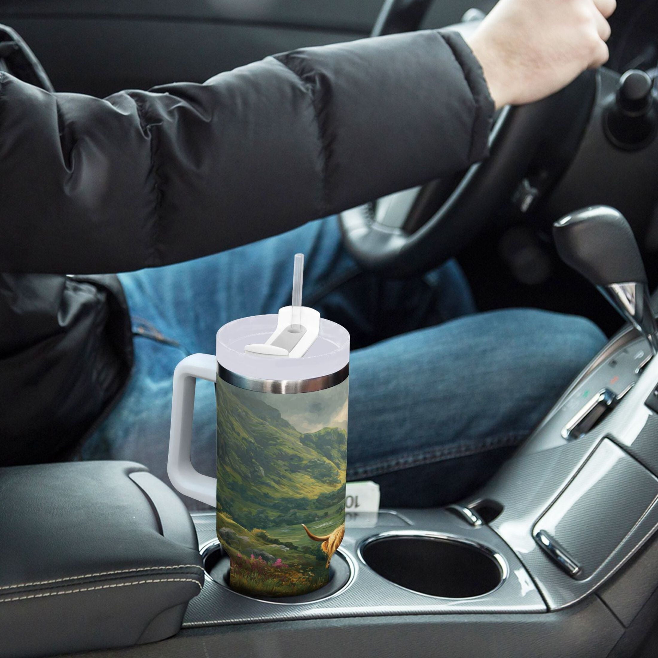 30 oz Insulated Stainless Steel Tumbler Double Wall Stainless Steel Tumbler with 2-Way Drinking Cow in Green Rolling Hills