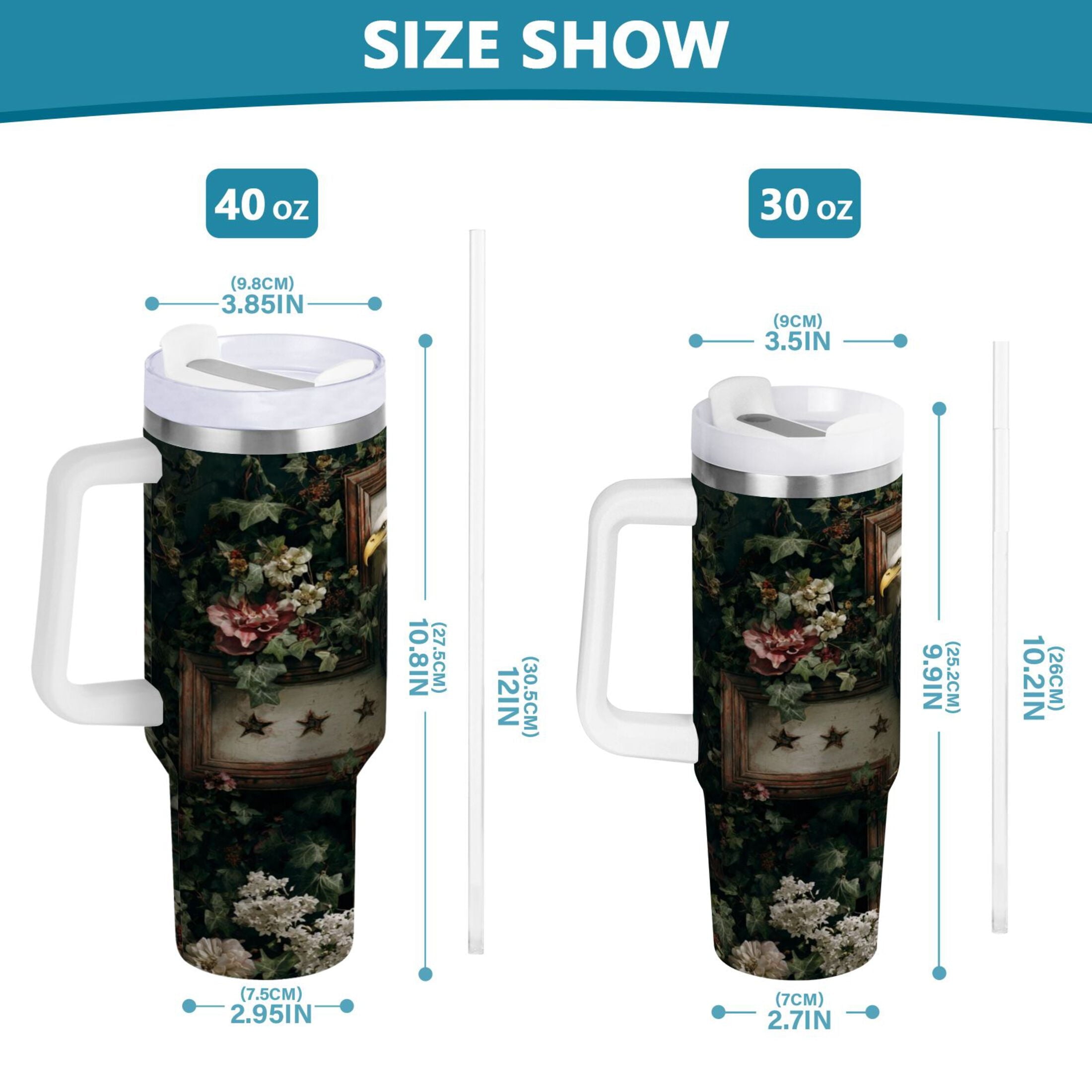 30 oz Insulated Stainless Steel Tumbler Double Wall Stainless Steel Tumbler with 2-Way Drinking Wreath and Bald Eagle
