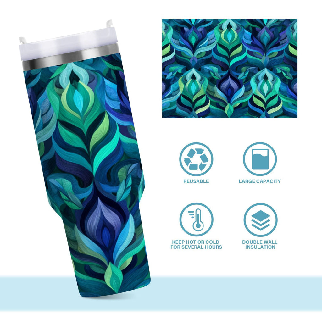 40 oz Insulated Stainless Steel Tumbler Double Wall Stainless Steel Tumbler with 2-Way Drinking Elegant Blue Abstract Shapes