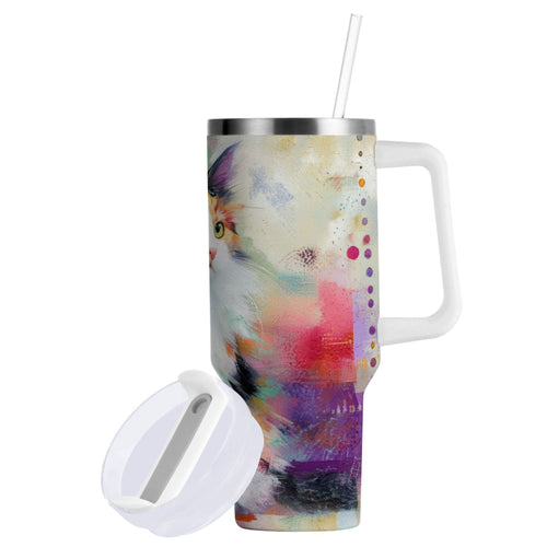 30 oz Insulated Stainless Steel Tumbler Double Wall Stainless Steel Tumbler with 2-Way Drinking Charming Hairy Cat