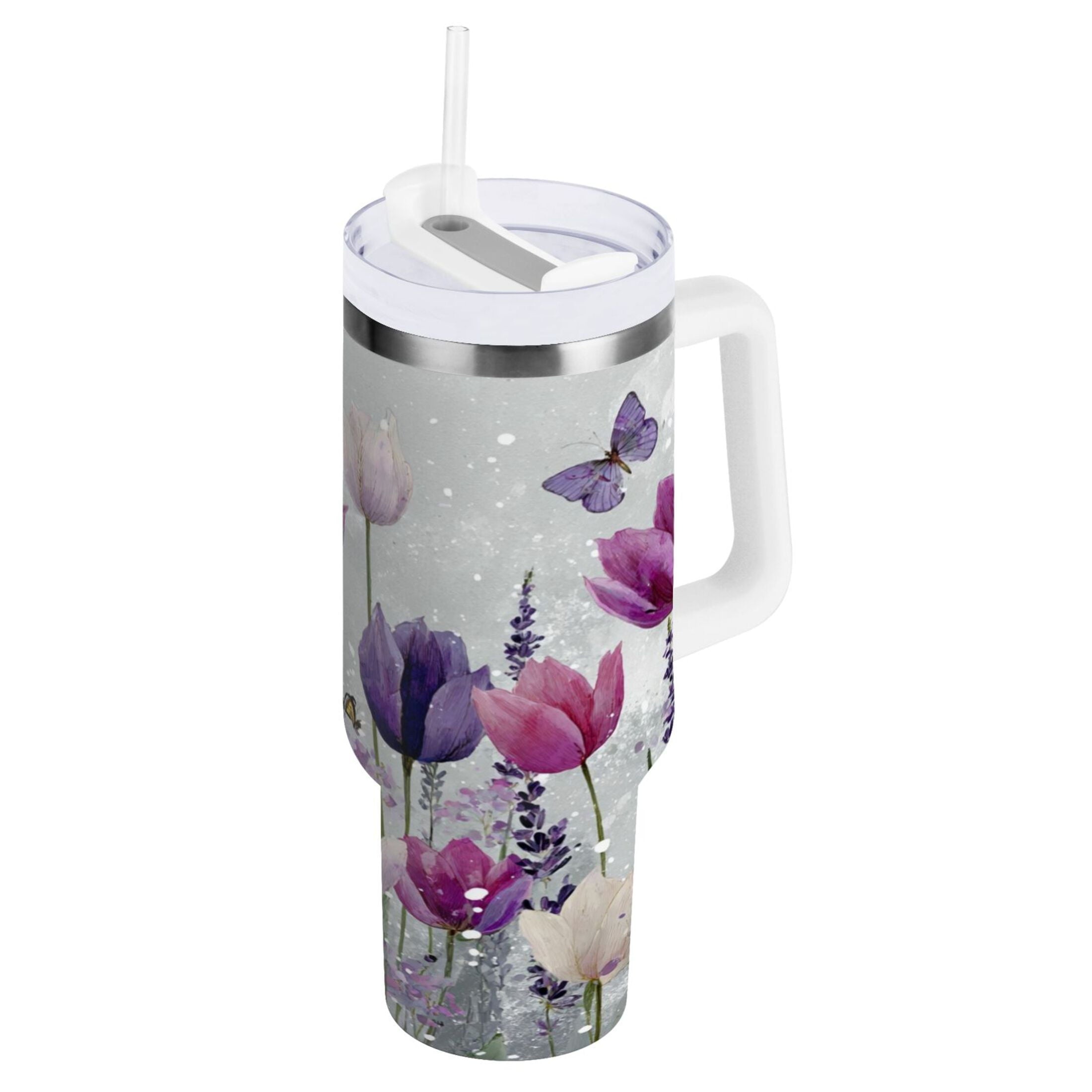 40 oz Insulated Stainless Steel Tumbler Double Wall Stainless Steel Tumbler with 2-Way Drinking Colorful Tulips and Lavender