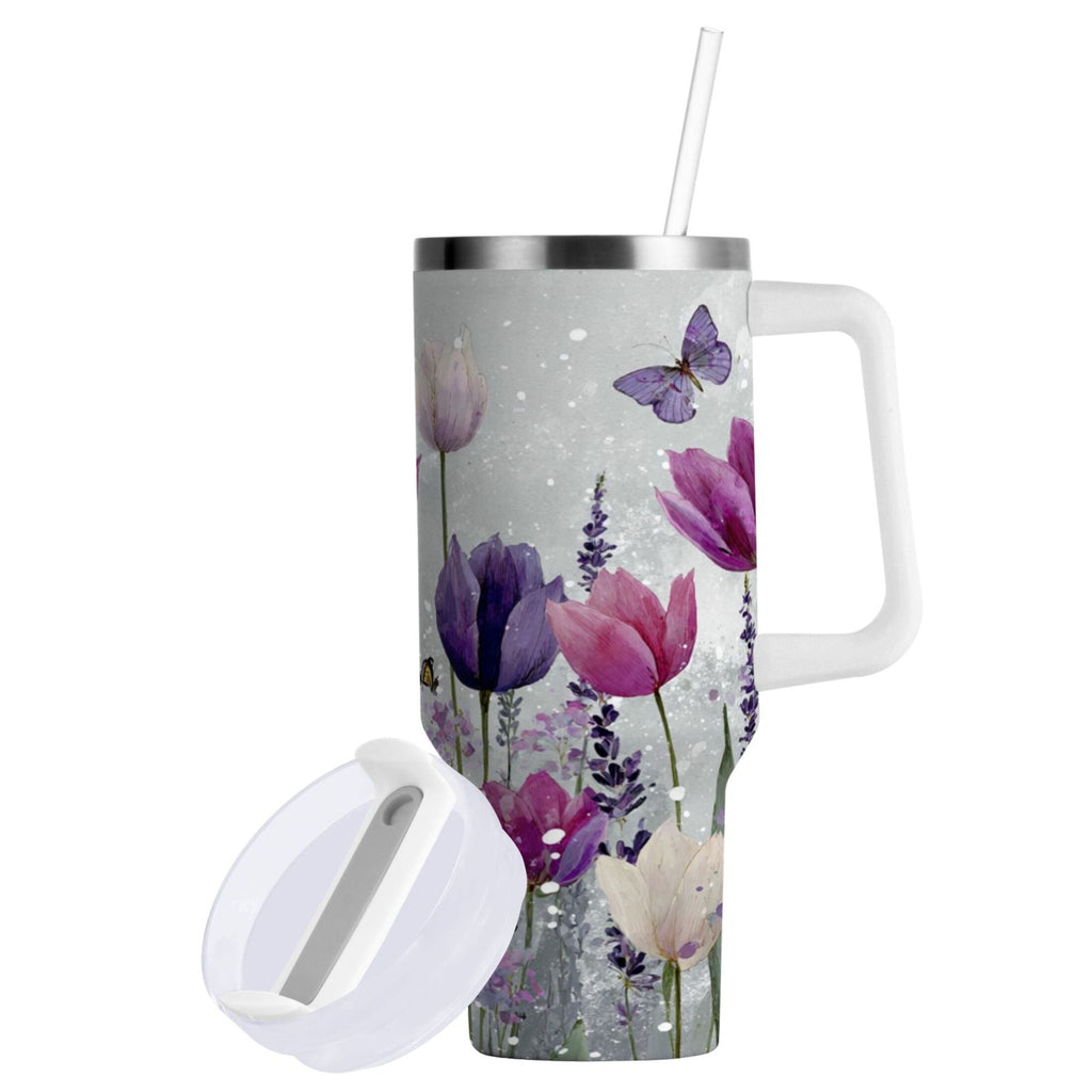 40 oz Insulated Stainless Steel Tumbler Double Wall Stainless Steel Tumbler with 2-Way Drinking Colorful Tulips and Lavender
