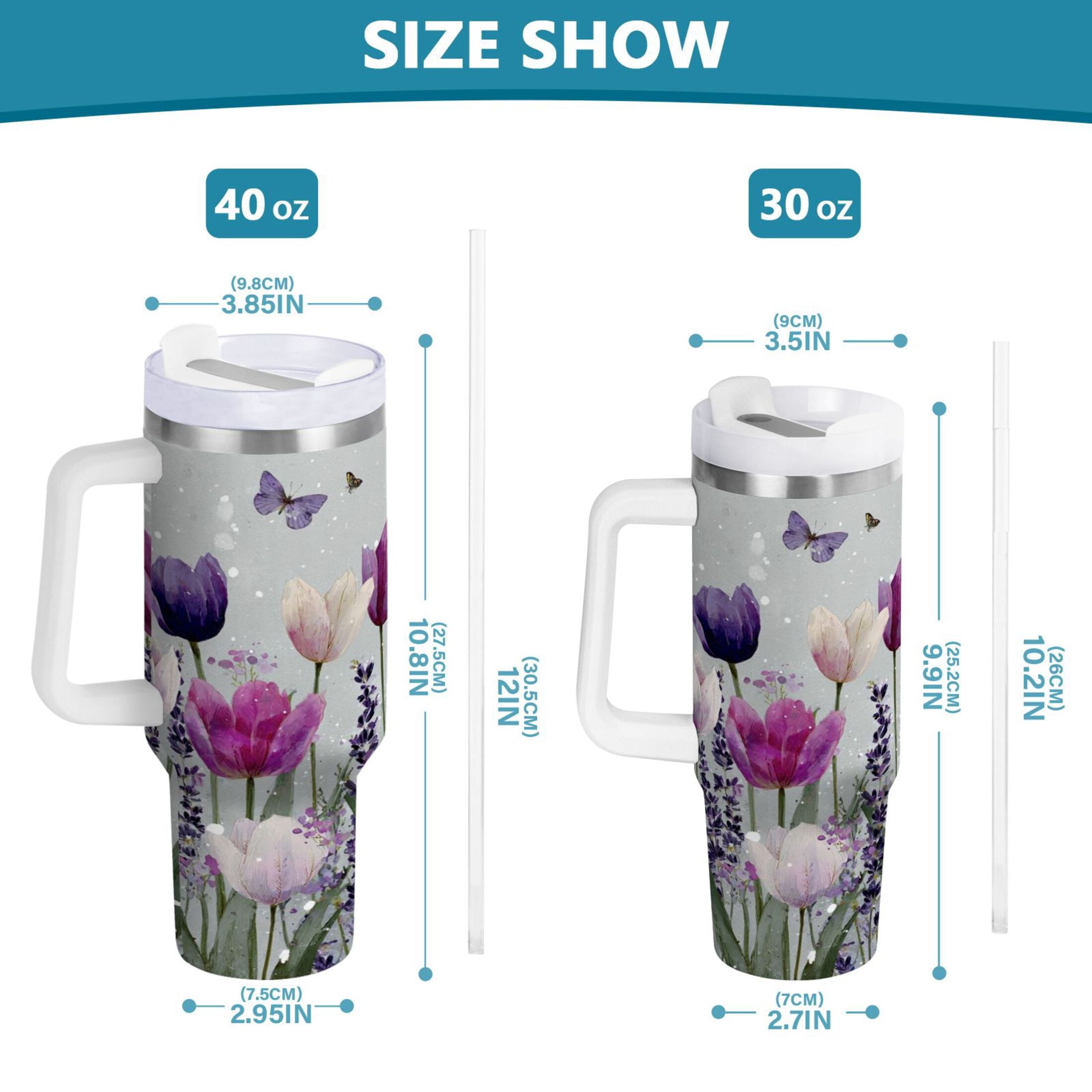40 oz Insulated Stainless Steel Tumbler Double Wall Stainless Steel Tumbler with 2-Way Drinking Colorful Tulips and Lavender
