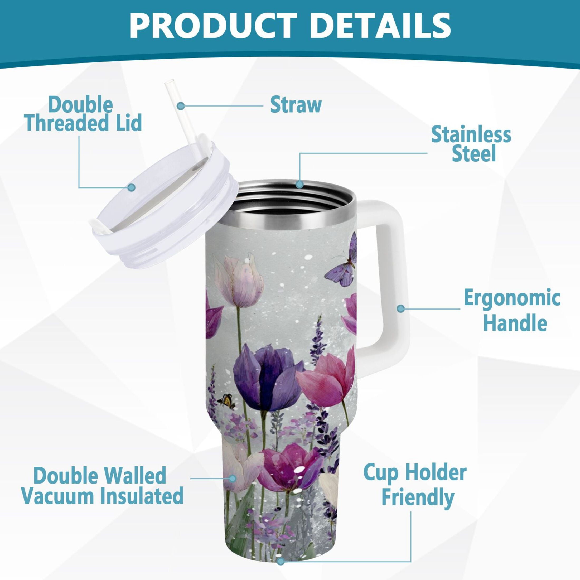 40 oz Insulated Stainless Steel Tumbler Double Wall Stainless Steel Tumbler with 2-Way Drinking Colorful Tulips and Lavender