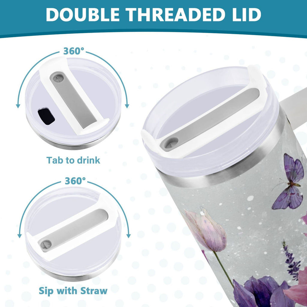 40 oz Insulated Stainless Steel Tumbler Double Wall Stainless Steel Tumbler with 2-Way Drinking Colorful Tulips and Lavender