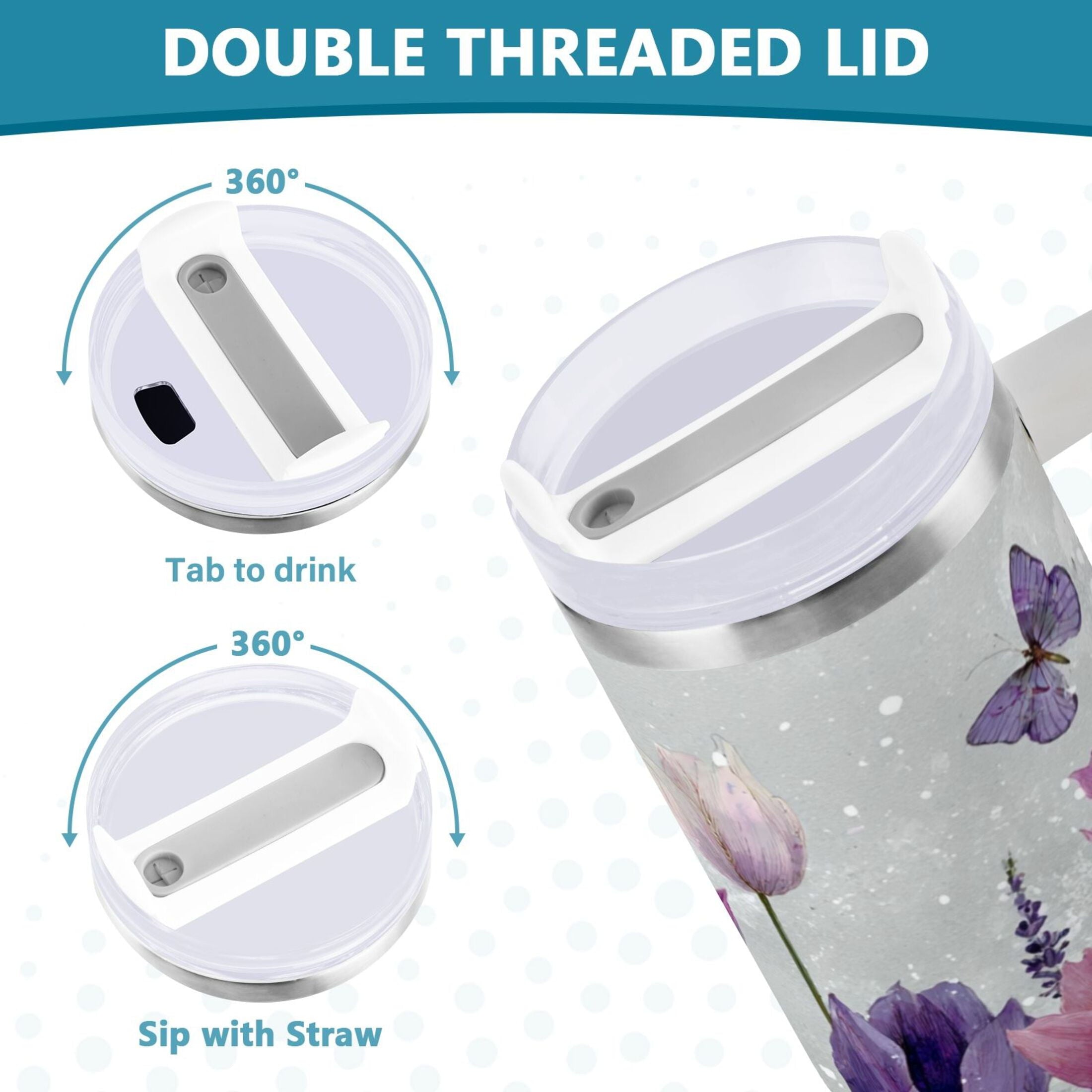 40 oz Insulated Stainless Steel Tumbler Double Wall Stainless Steel Tumbler with 2-Way Drinking Colorful Tulips and Lavender