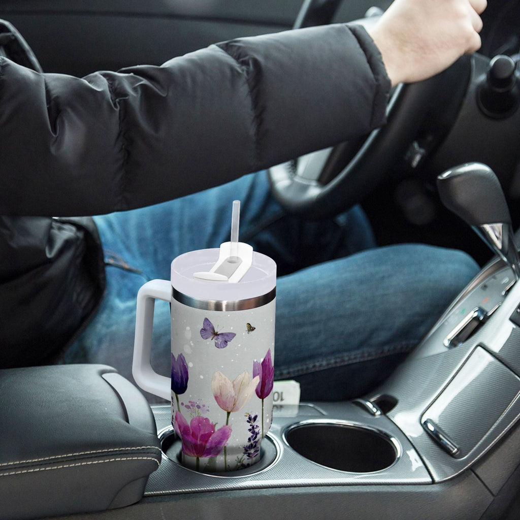 40 oz Insulated Stainless Steel Tumbler Double Wall Stainless Steel Tumbler with 2-Way Drinking Colorful Tulips and Lavender