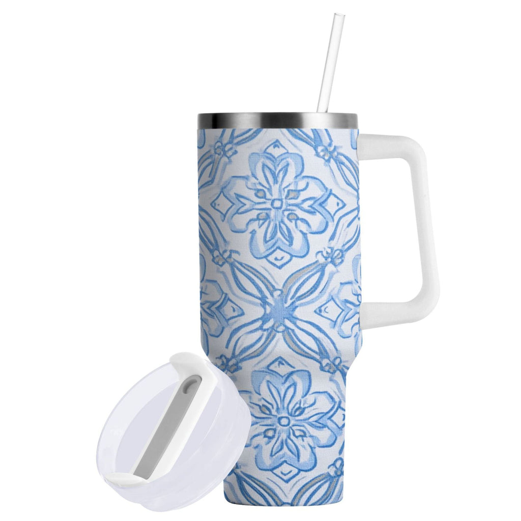 30 oz Insulated Stainless Steel Tumbler Double Wall Stainless Steel Tumbler with 2-Way Drinking Blue Elegant Geometric Design