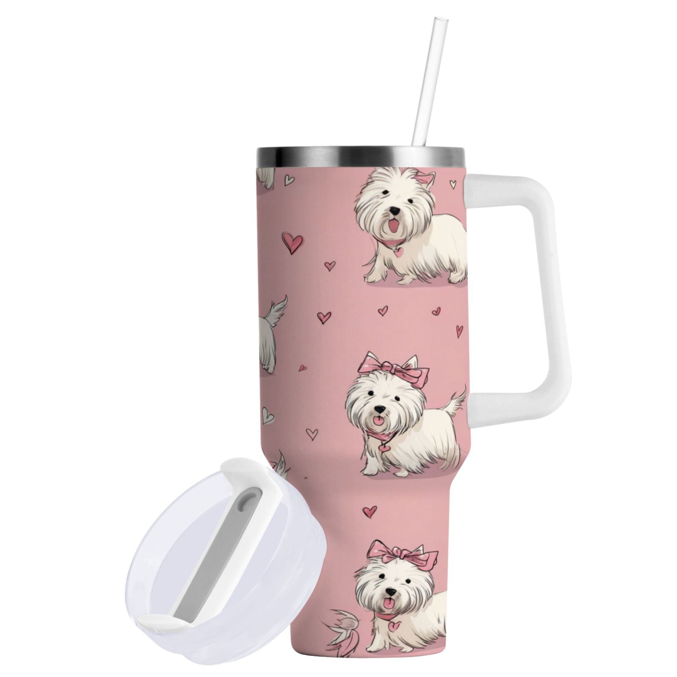 30 oz Insulated Stainless Steel Tumbler Double Wall Stainless Steel Tumbler with 2-Way Drinking Dogs Wearing Bows