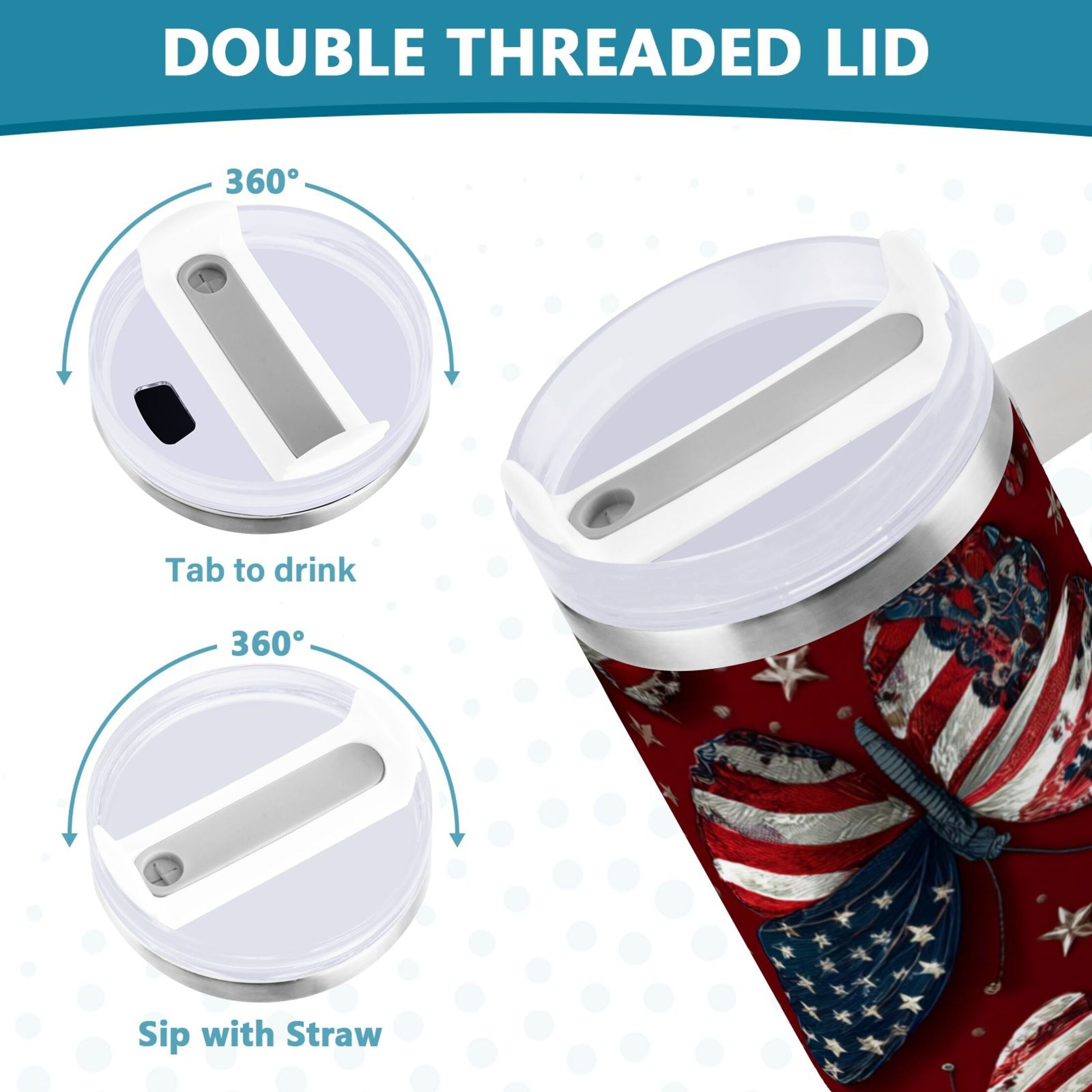 40 oz Insulated Stainless Steel Tumbler Double Wall Stainless Steel Tumbler with 2-Way Drinking Butterfly with National Flag