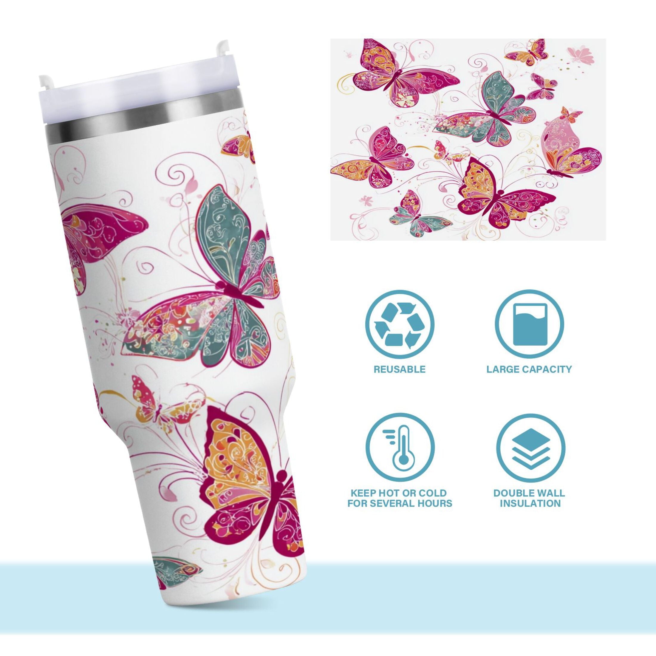 30 oz Insulated Stainless Steel Tumbler Double Wall Stainless Steel Tumbler with 2-Way Drinking Colorful Butterflies