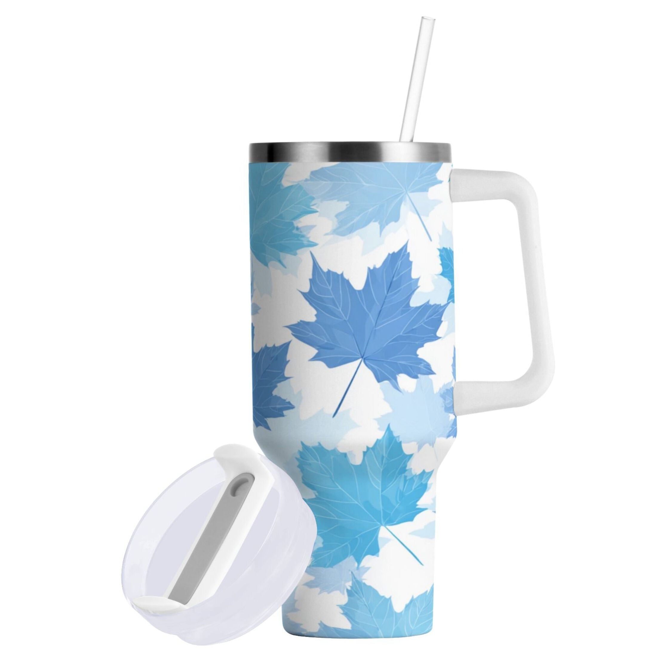 30 oz Insulated Stainless Steel Tumbler Double Wall Stainless Steel Tumbler with 2-Way Drinking Light Blue Maple Leaves