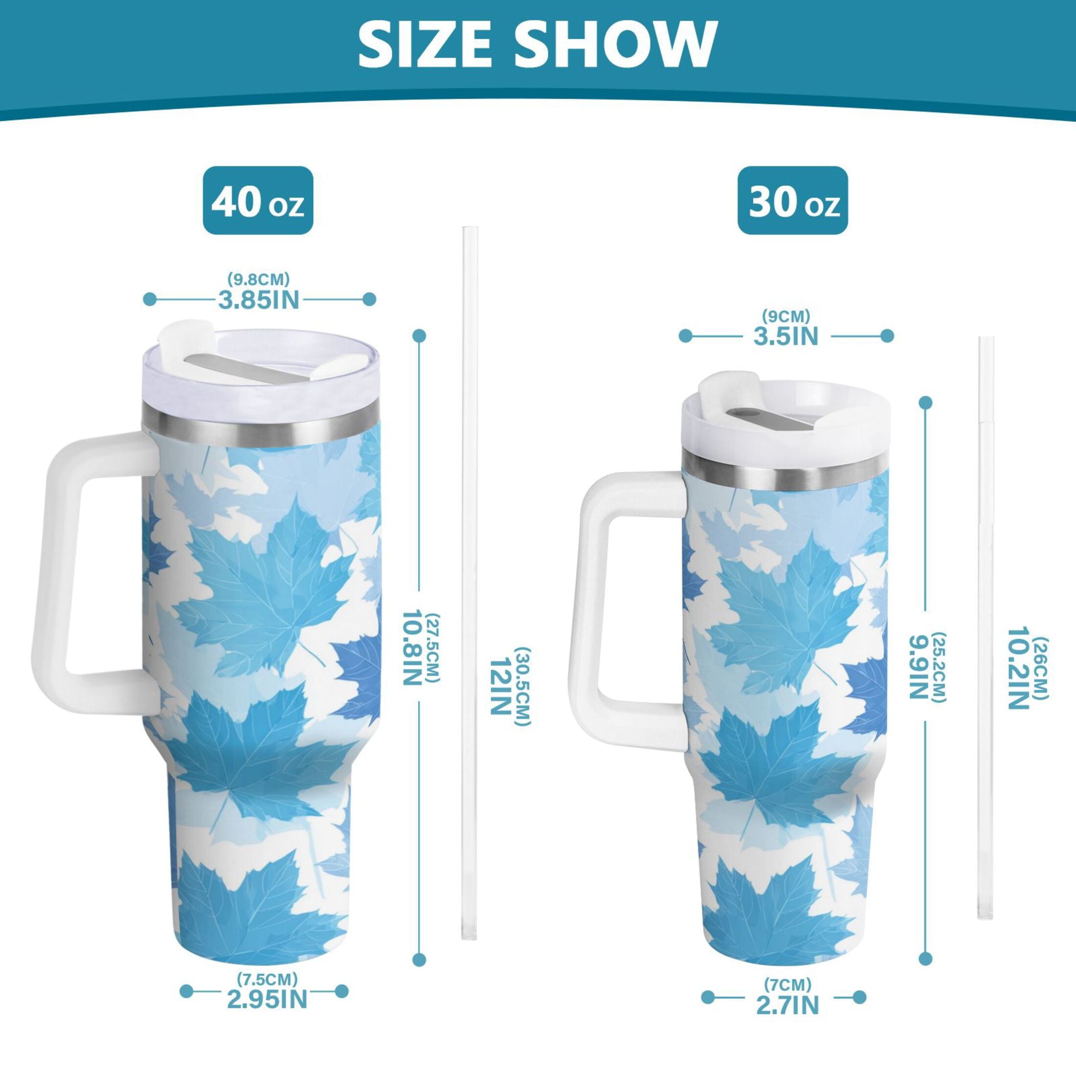 30 oz Insulated Stainless Steel Tumbler Double Wall Stainless Steel Tumbler with 2-Way Drinking Light Blue Maple Leaves