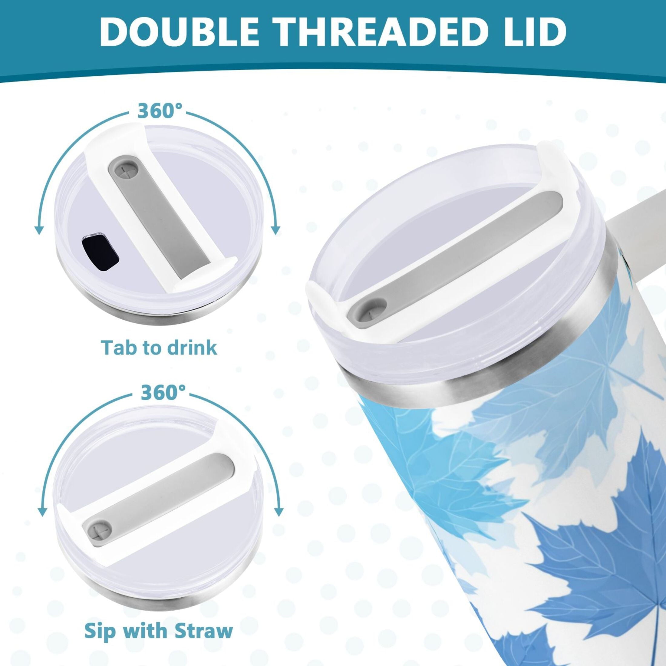 30 oz Insulated Stainless Steel Tumbler Double Wall Stainless Steel Tumbler with 2-Way Drinking Light Blue Maple Leaves
